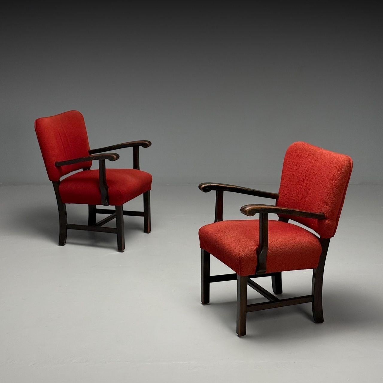 French Mid-Century Modern, Occasional Arm Chairs, Wood, Red Boucle, France, 1980s

A pair of 20th-century French modernist armchairs featuring an exposed oak frame with scroll armrests and a rich patina. Reupholstered in later red boucle fabric.