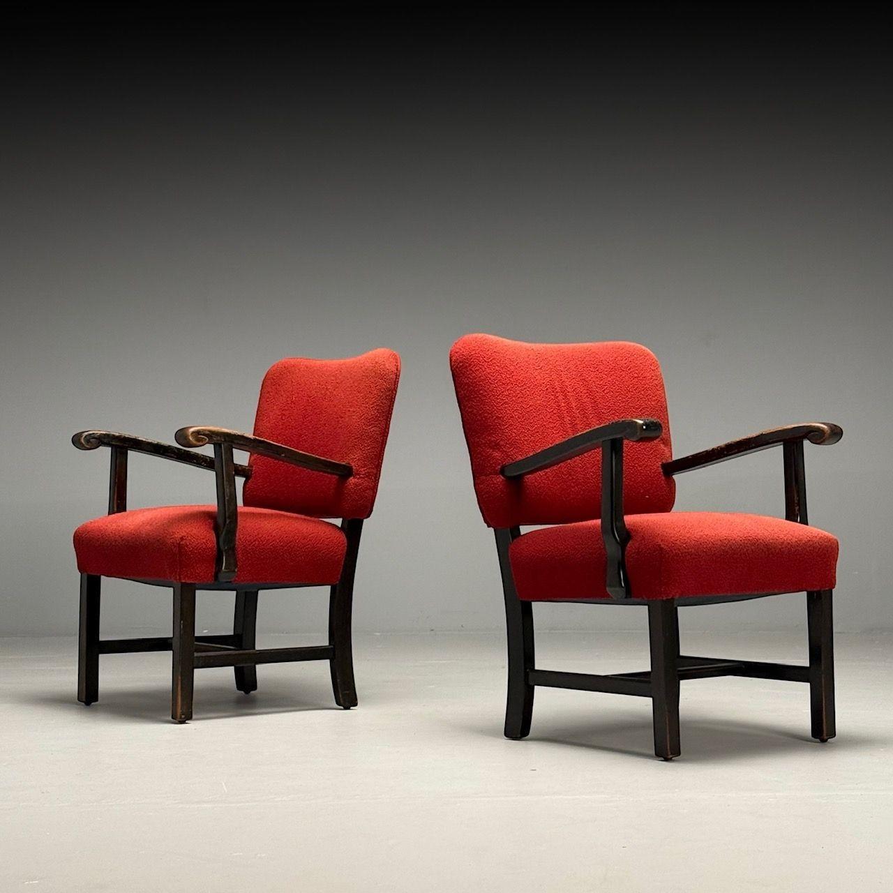 French Mid-Century Modern, Occasional Arm Chairs, Wood, Boucle, France, 1980s In Distressed Condition For Sale In Manhasset, NY