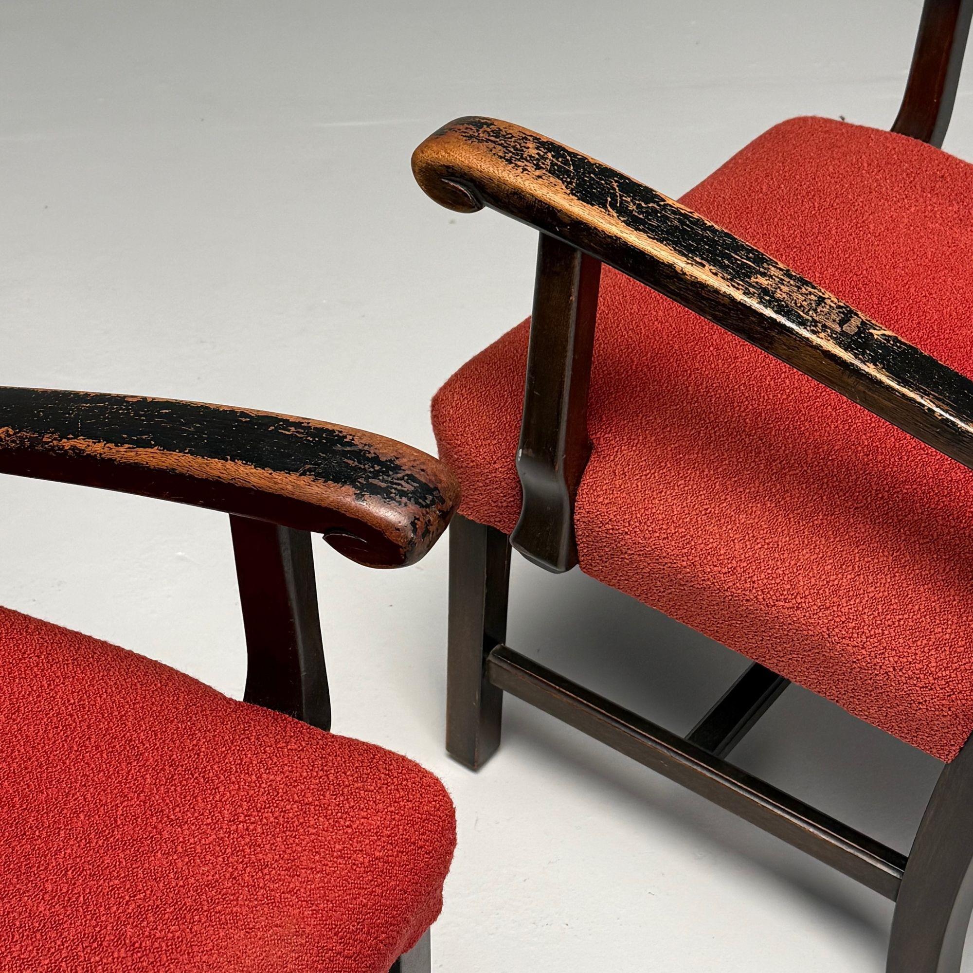 Fabric French Mid-Century Modern, Occasional Arm Chairs, Wood, Boucle, France, 1980s For Sale