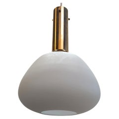 French Mid Century Modern Opaline & Brass Pendant Light attributed Maison Arlus
