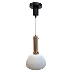French Mid Century Modern Opaline & Brass Pendant Light attributed Maison Arlus