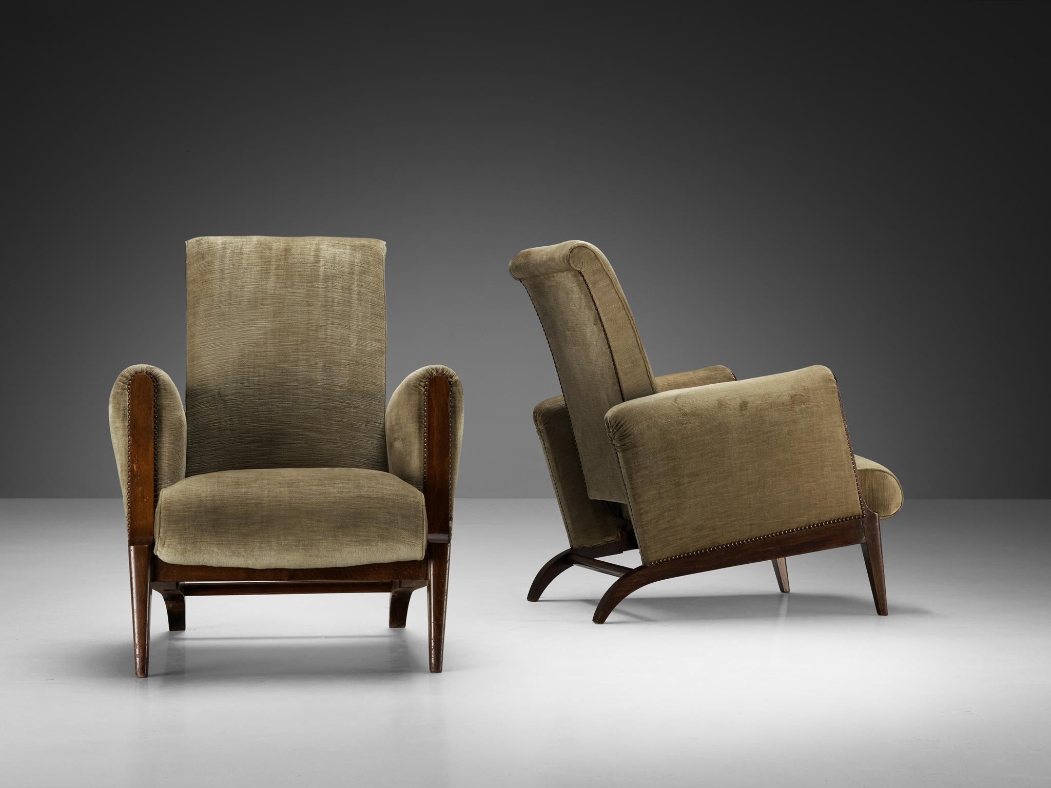 Mid-Century Modern French Mid-Century modern Pair of Lounge Chairs in Olive Green Velvet