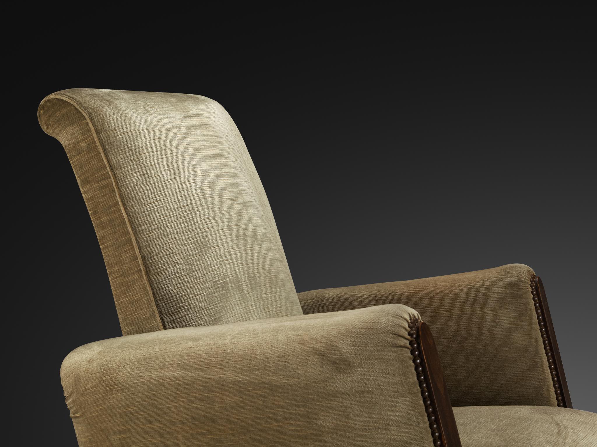 Italian French Mid-Century modern Pair of Lounge Chairs in Olive Green Velvet