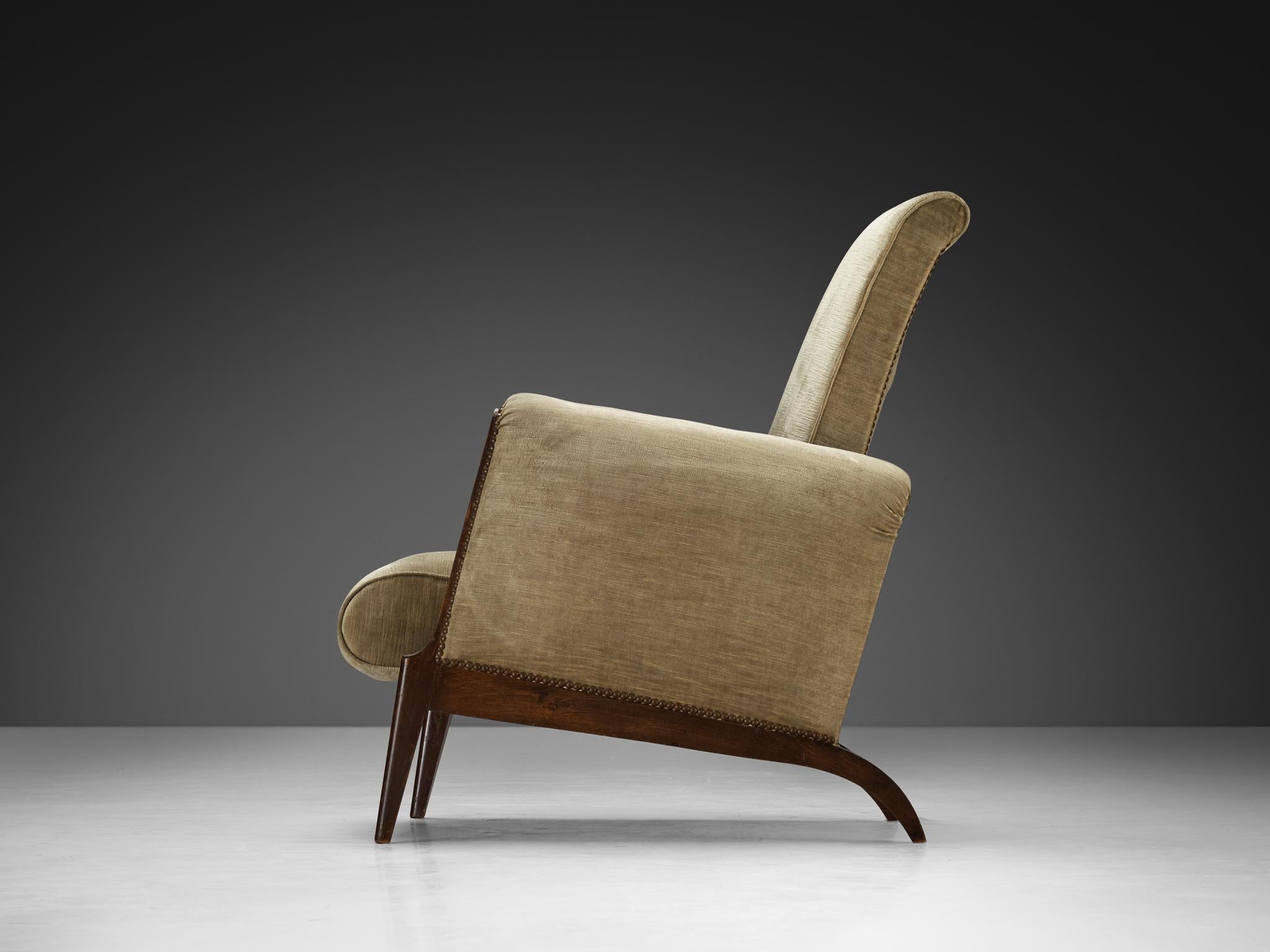 Mid-20th Century French Mid-Century modern Pair of Lounge Chairs in Olive Green Velvet