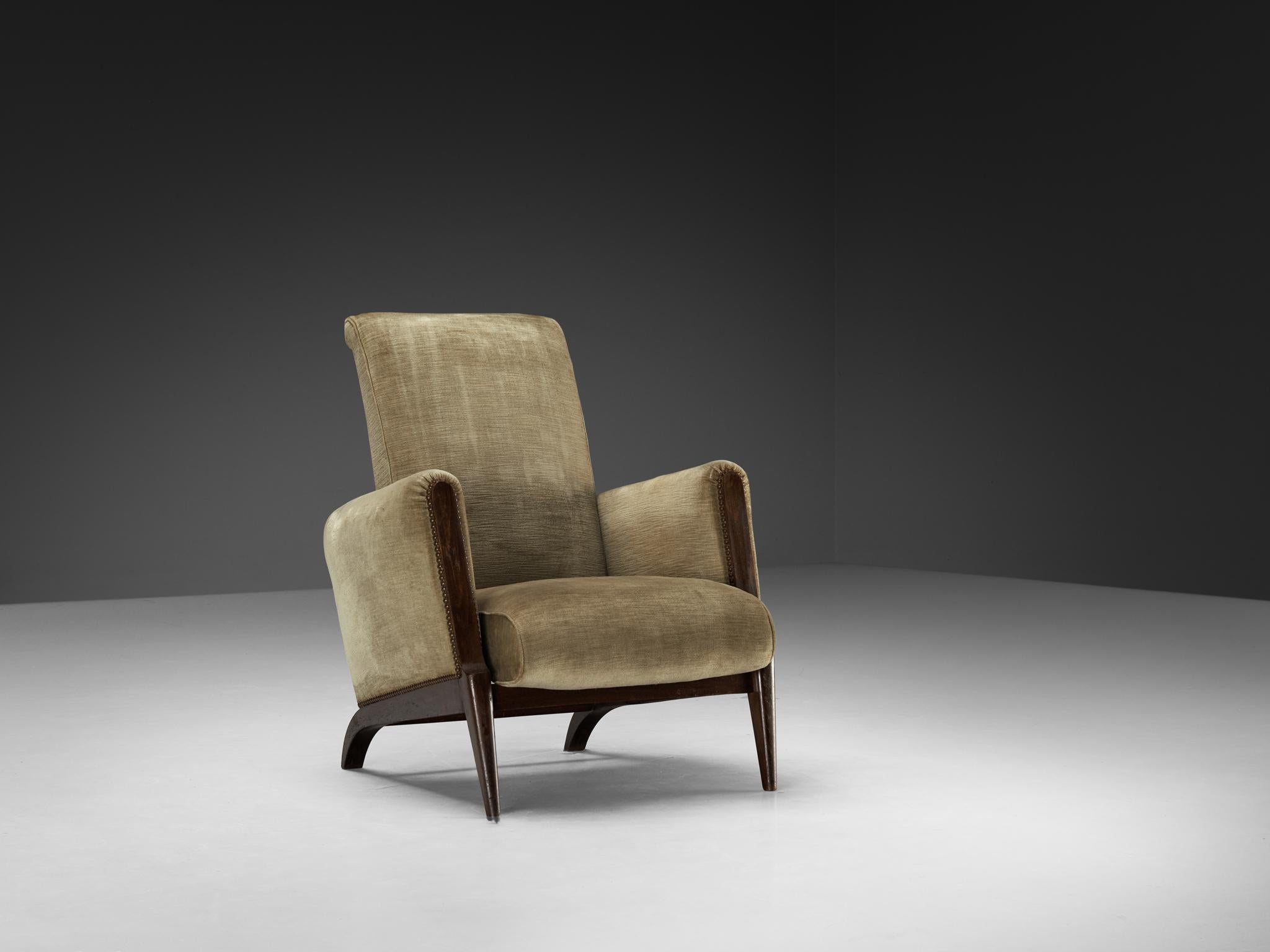 French Mid-Century modern Pair of Lounge Chairs in Olive Green Velvet 1