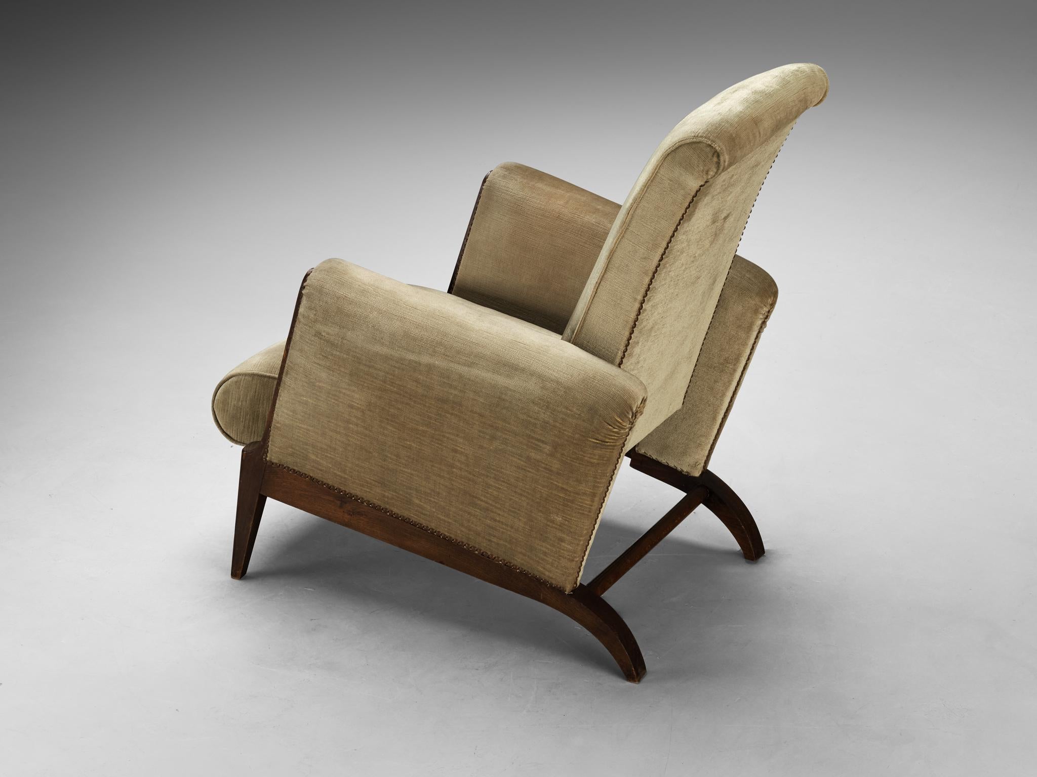 French Mid-Century modern Pair of Lounge Chairs in Olive Green Velvet 2