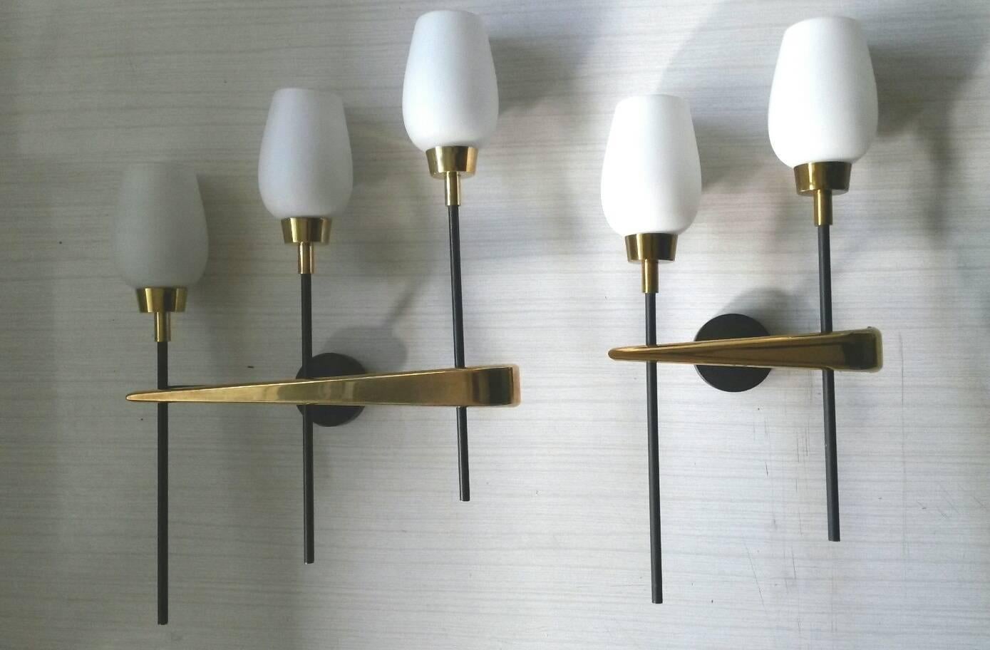 Mid-20th Century Lunel French Mid-Century Modern Pair of Gilt Bronze White Opaline Sconces, 1950 For Sale