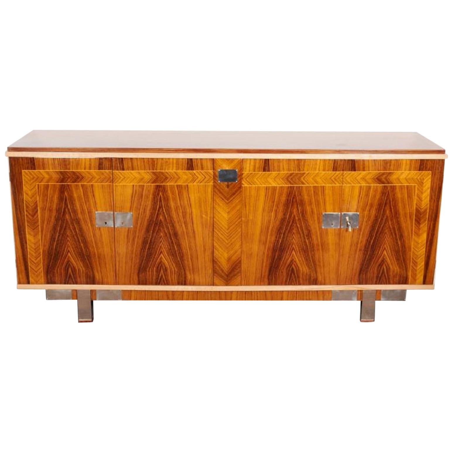 French Mid-Century Modern Palisander Cabinet with Blonde and Nickeled Accents