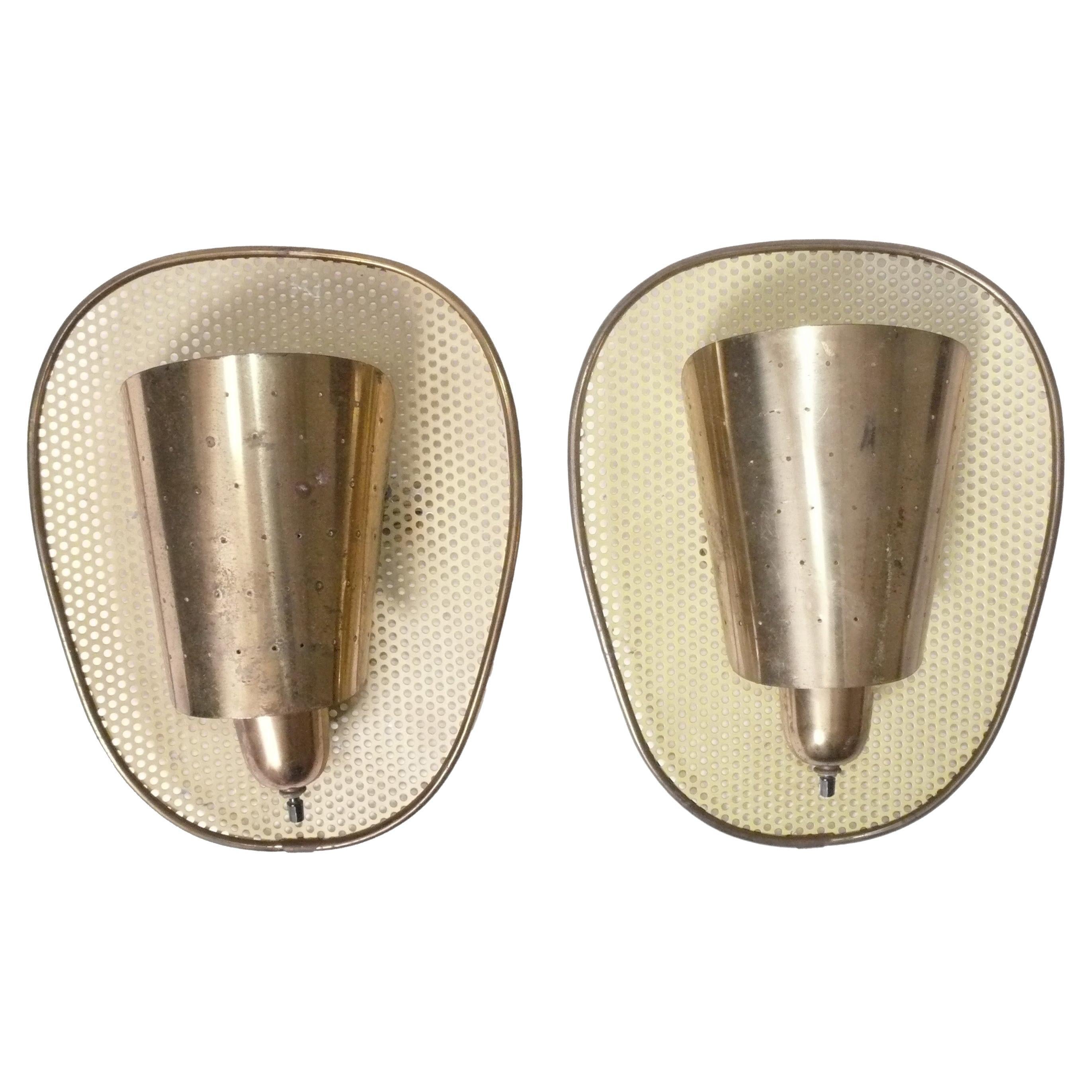 French Mid Century Modern Perforated Brass Sconces