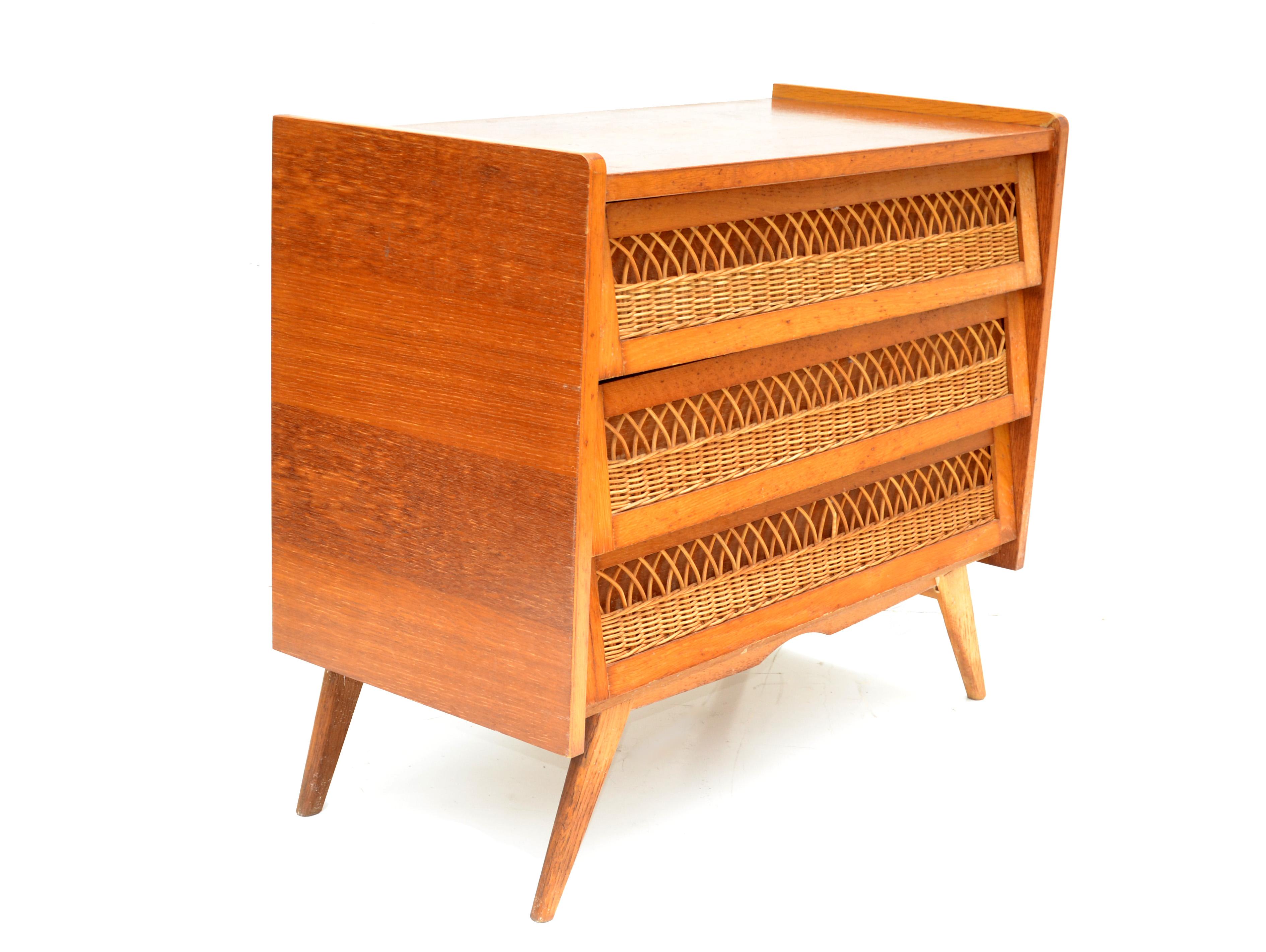 French Mid-Century Modern Rattan and Wood Commode Dresser 7