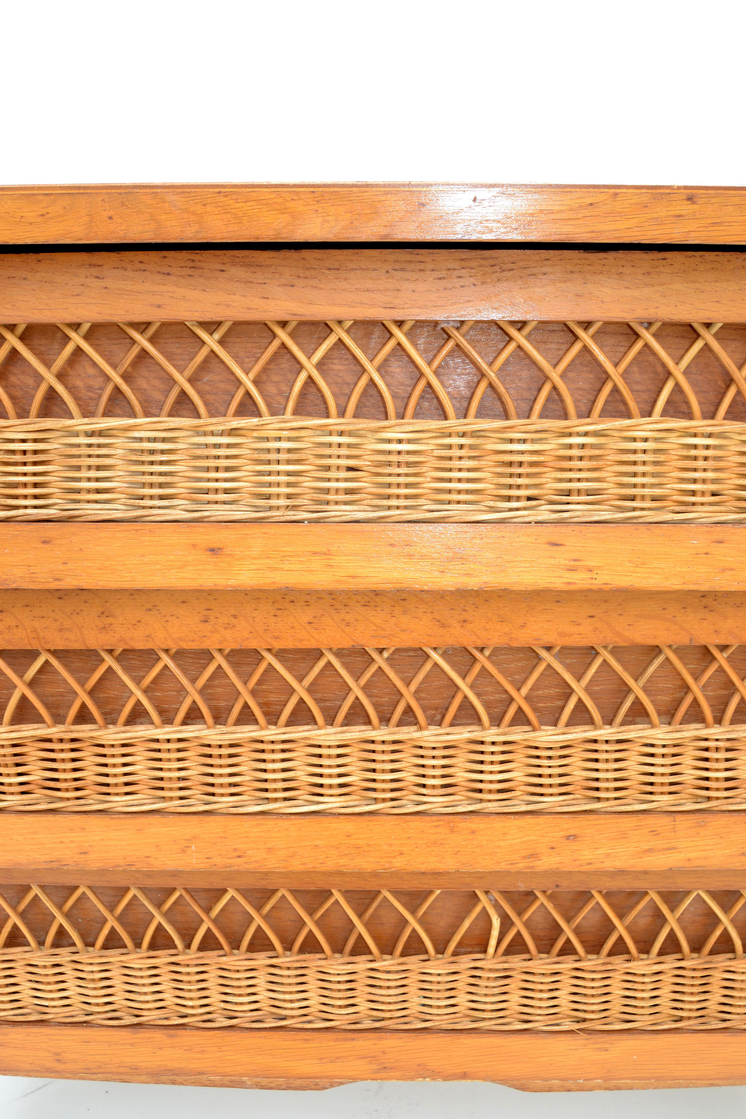 Mid-20th Century French Mid-Century Modern Rattan and Wood Commode Dresser
