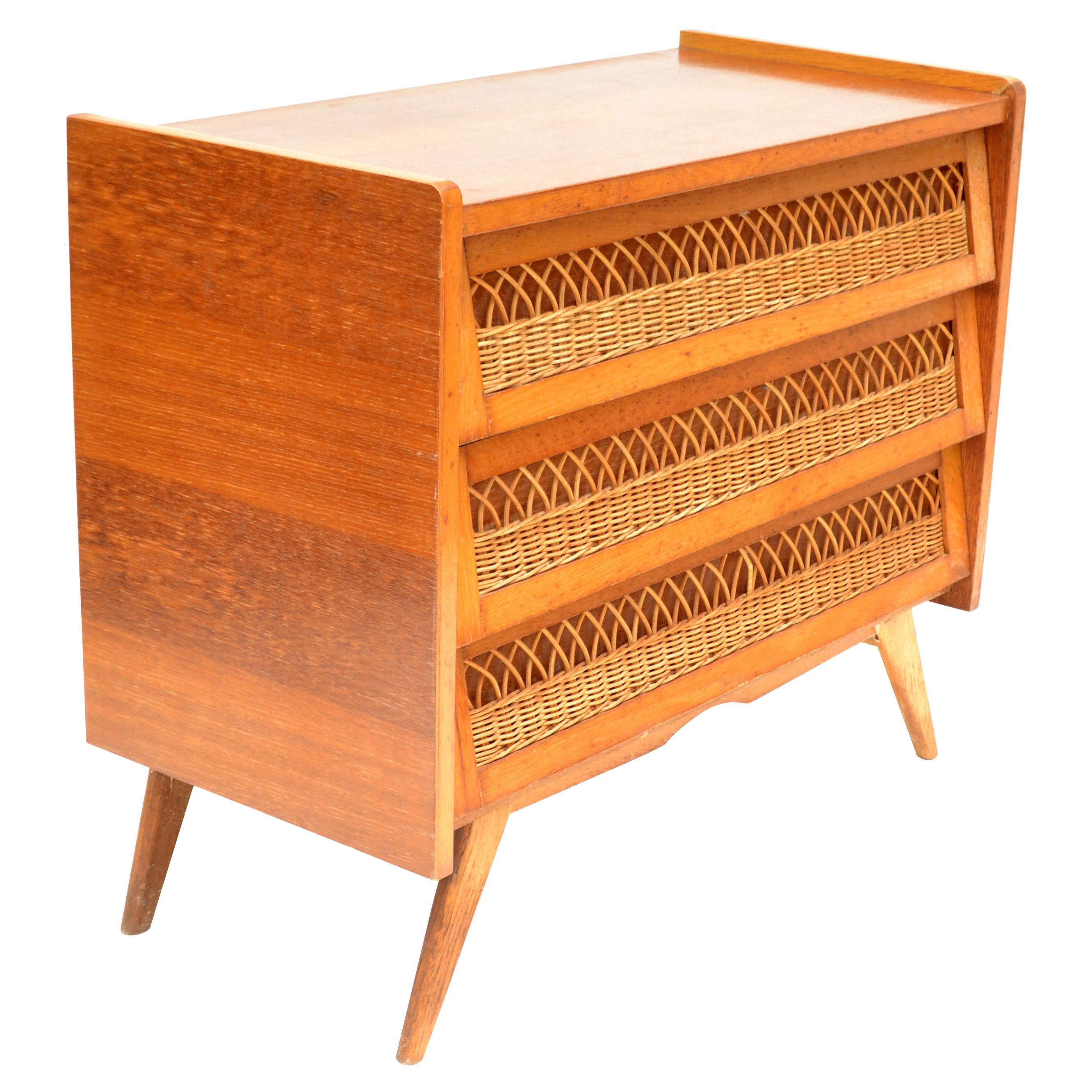 French Mid-Century Modern Rattan and Wood Commode Dresser