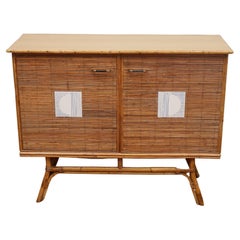 French Mid-Century Modern Rattan Two-Door Server