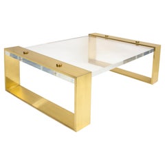 French Mid-Century Modern Rectangular Bronze Mounted Lucite Top Coffee Table