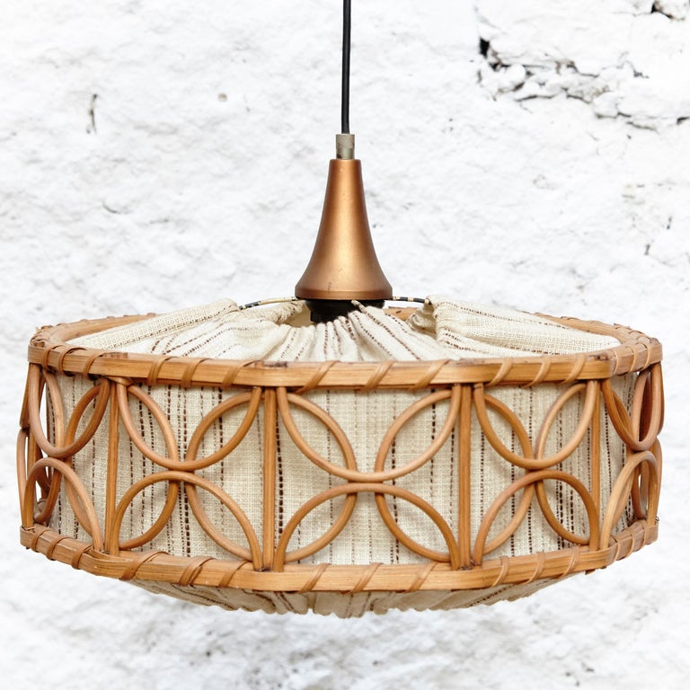 French MidCentury Modern Rustic Rattan Ceiling Lamp, circa 1960 For