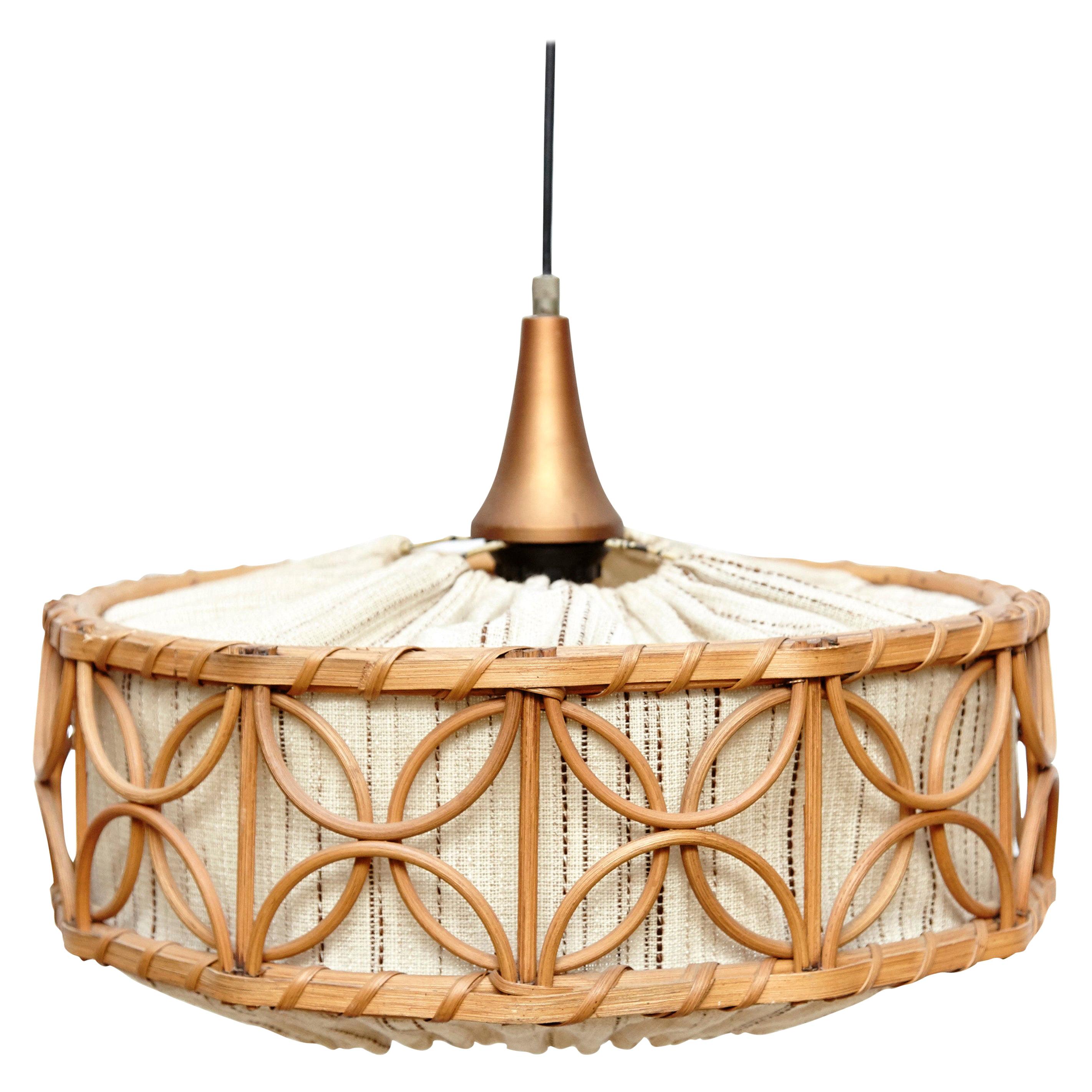 French Mid-Century Modern Rustic Rattan Ceiling Lamp, circa 1960