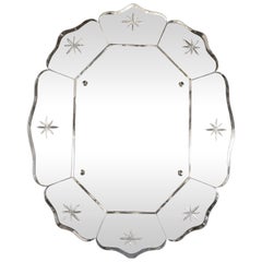 French Mid-Century Modern Scalloped & Beveled Etched Octagonal Wall Mirror