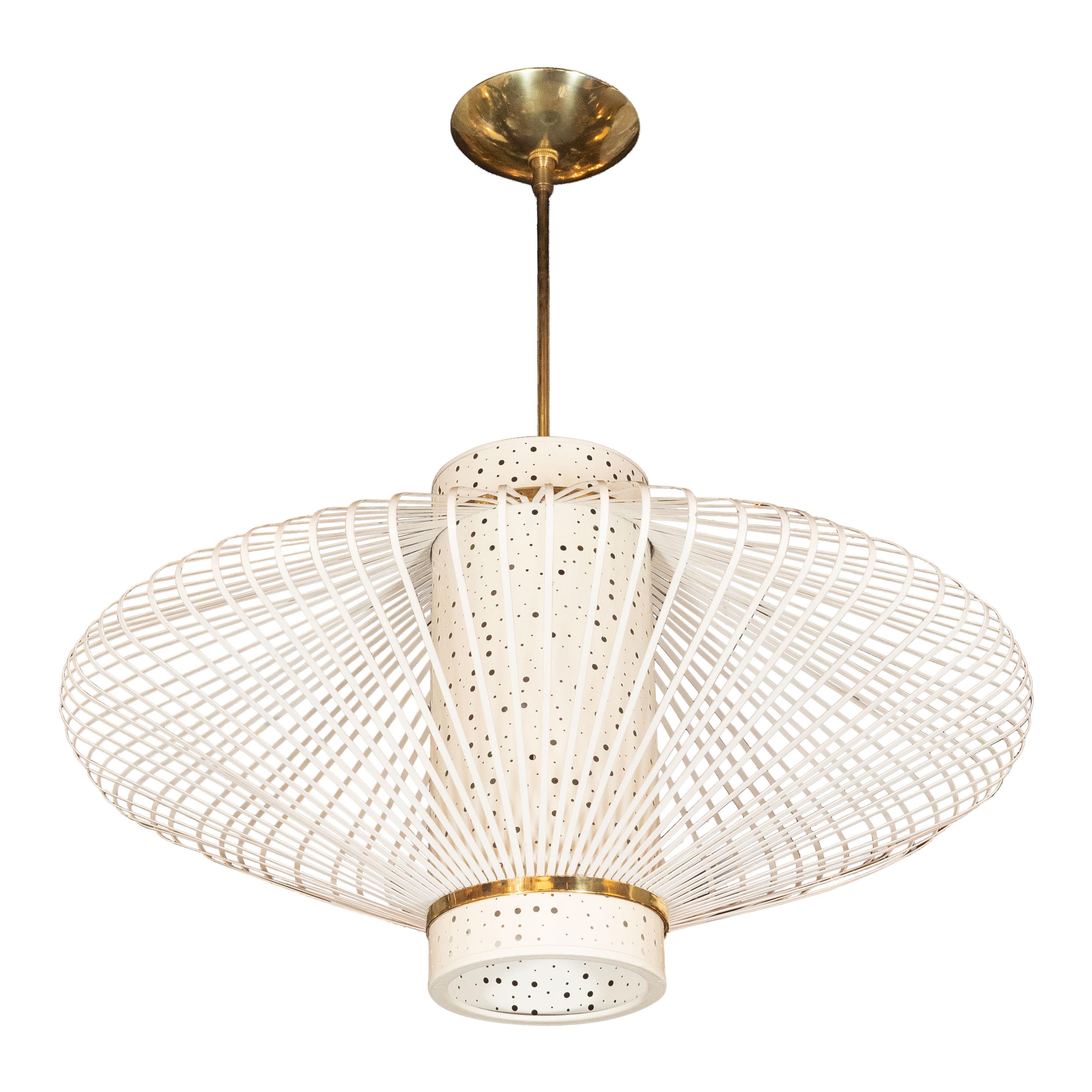 French Mid-Century Modern Sculptural Perforated Enamel and Brass Chandelier