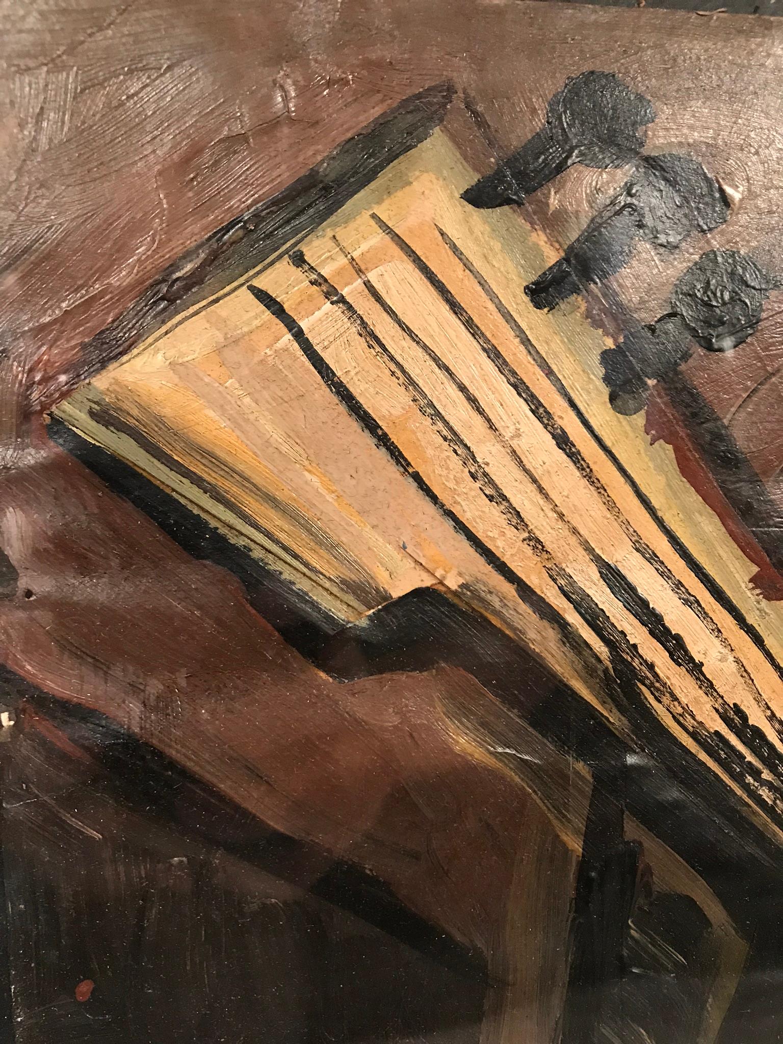 This painting of a guitar provides a simplistic interest to the viewer with it's different lines, shapes and brush strokes. It's signed J. Lacoste.
