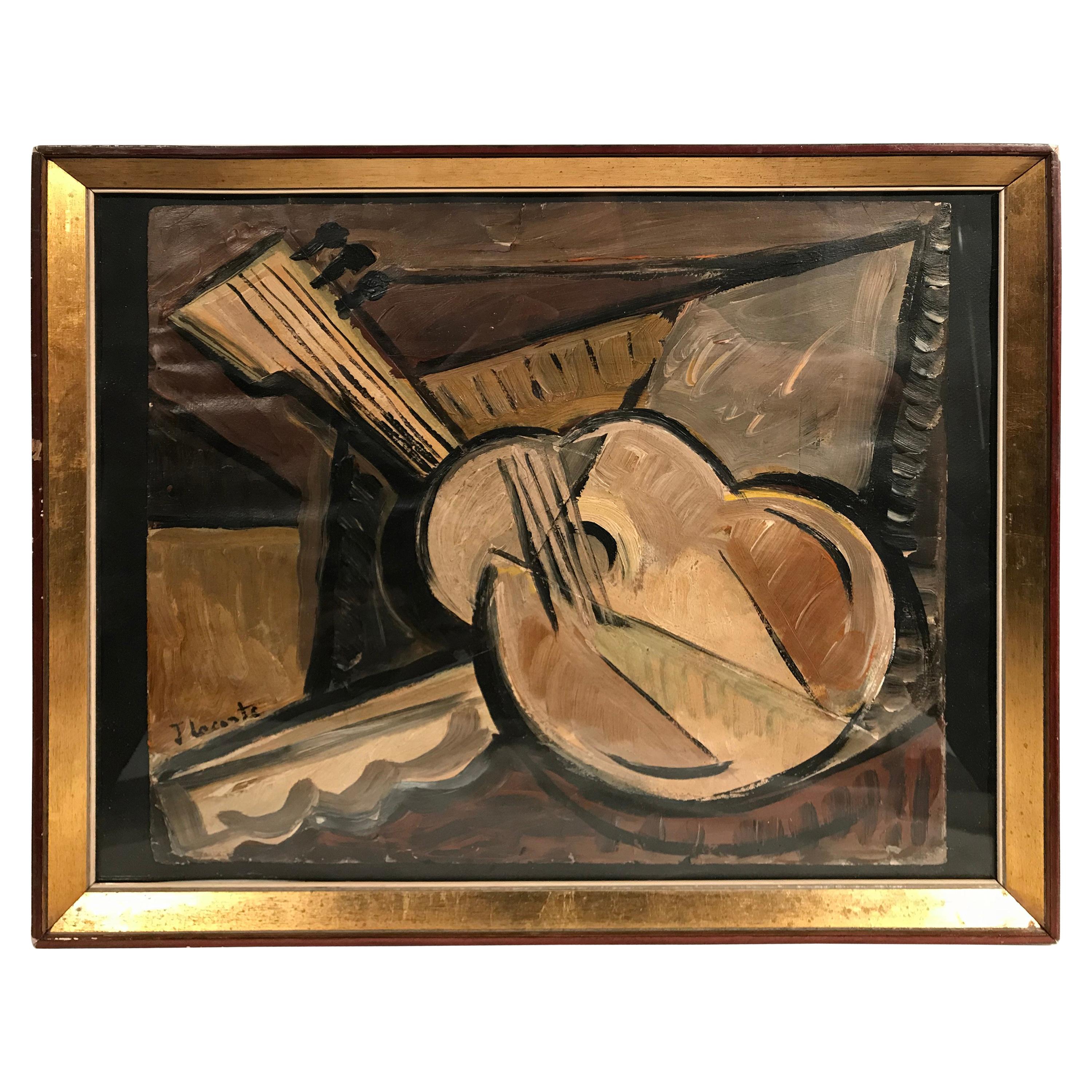 French Mid-Century Modern Signed Cubist Oil Painting