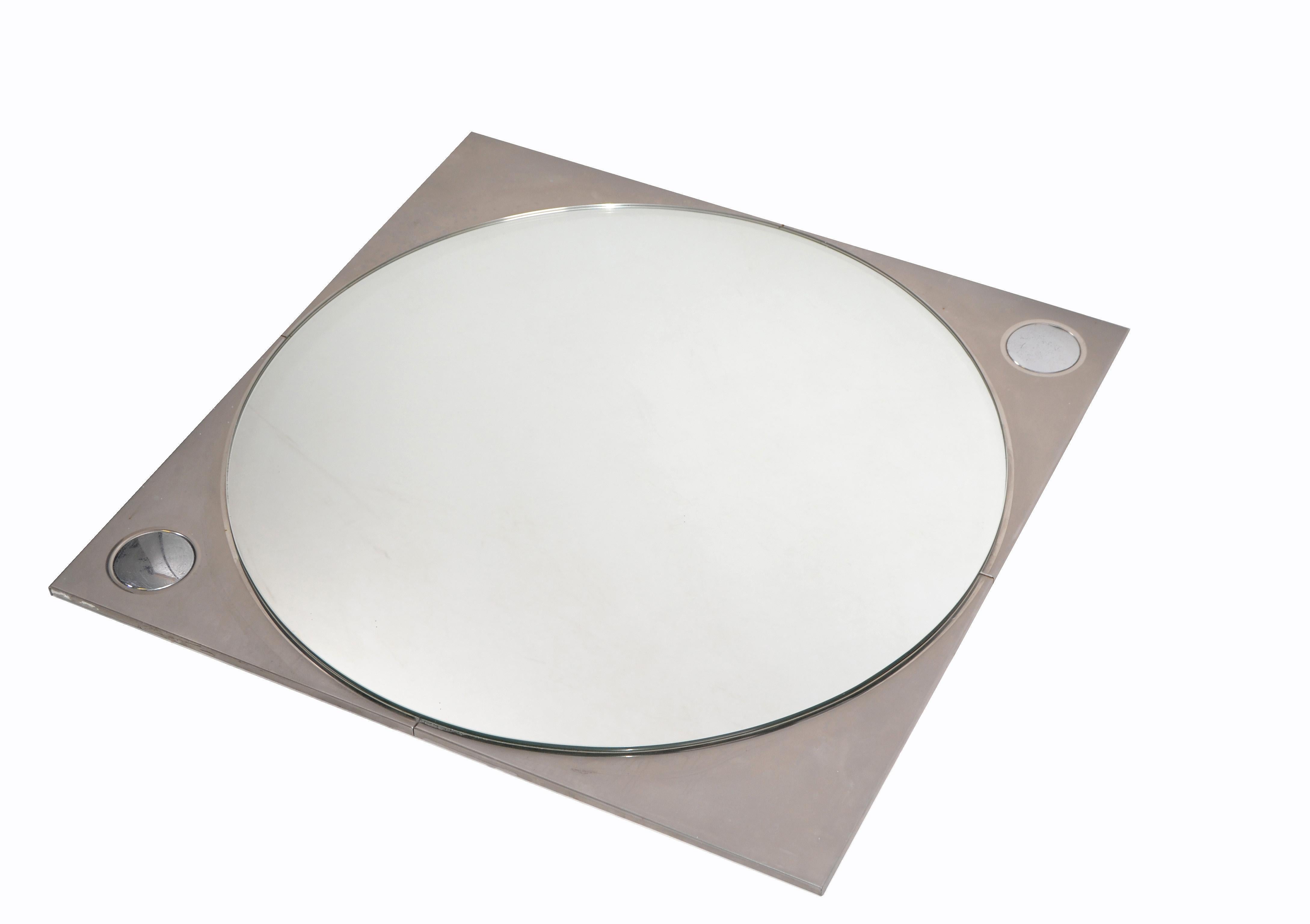 Late 20th Century French Mid-Century Modern Square Chrome Wall Mirror/ Convex Style Mirror For Sale