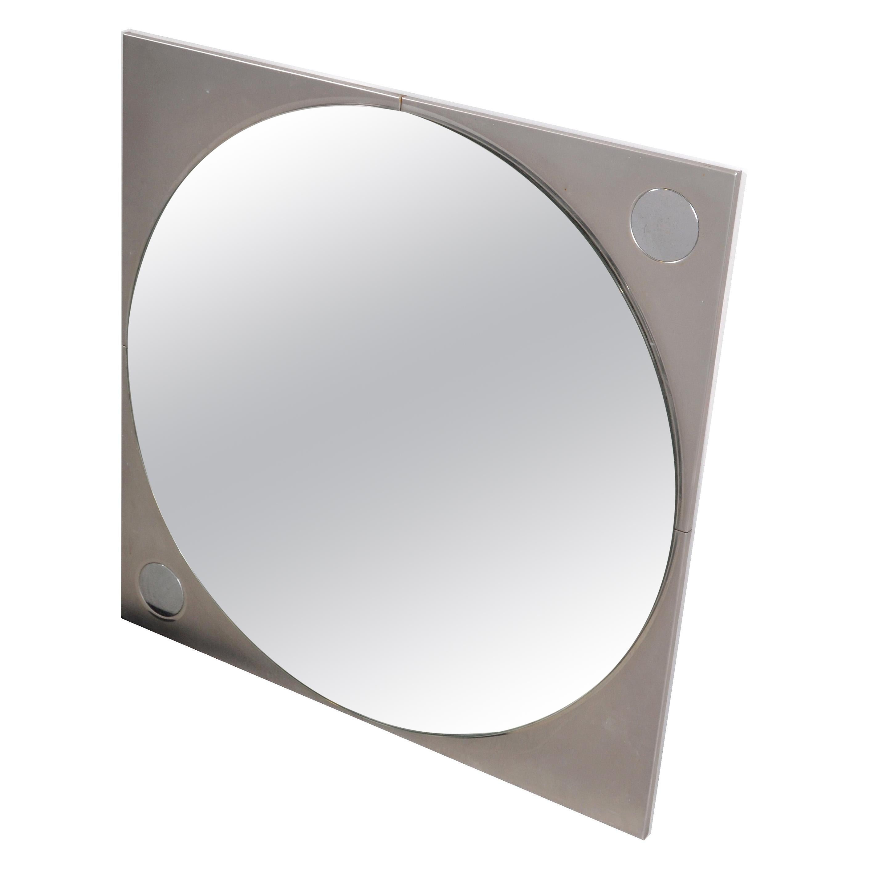 French Mid-Century Modern Square Chrome Wall Mirror/ Convex Style Mirror For Sale