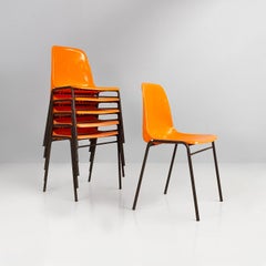 French mid-century modern stackable orange plastic chairs, 1960s