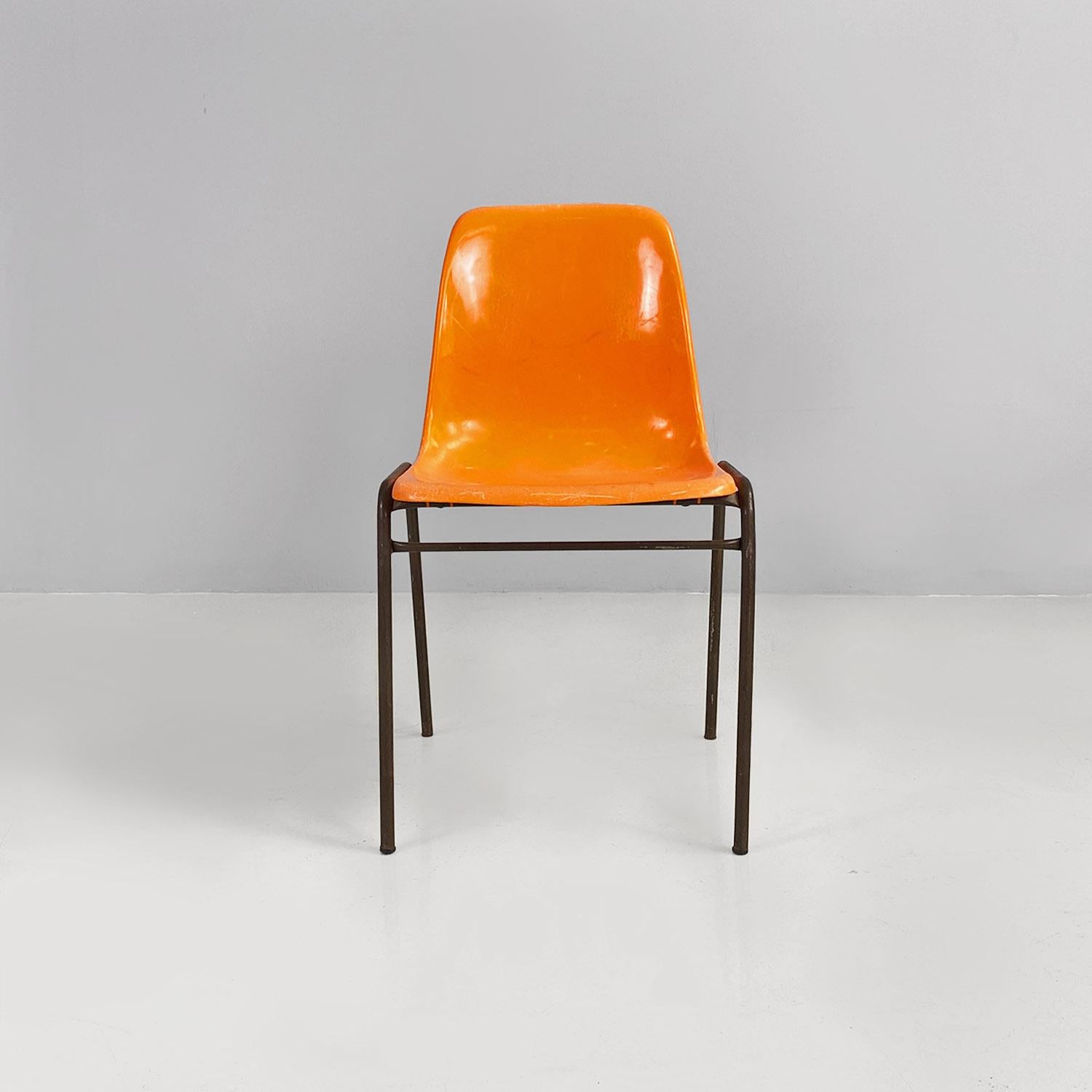 Italian French mid-century modern stackable orange plastic chairs, 1960s For Sale