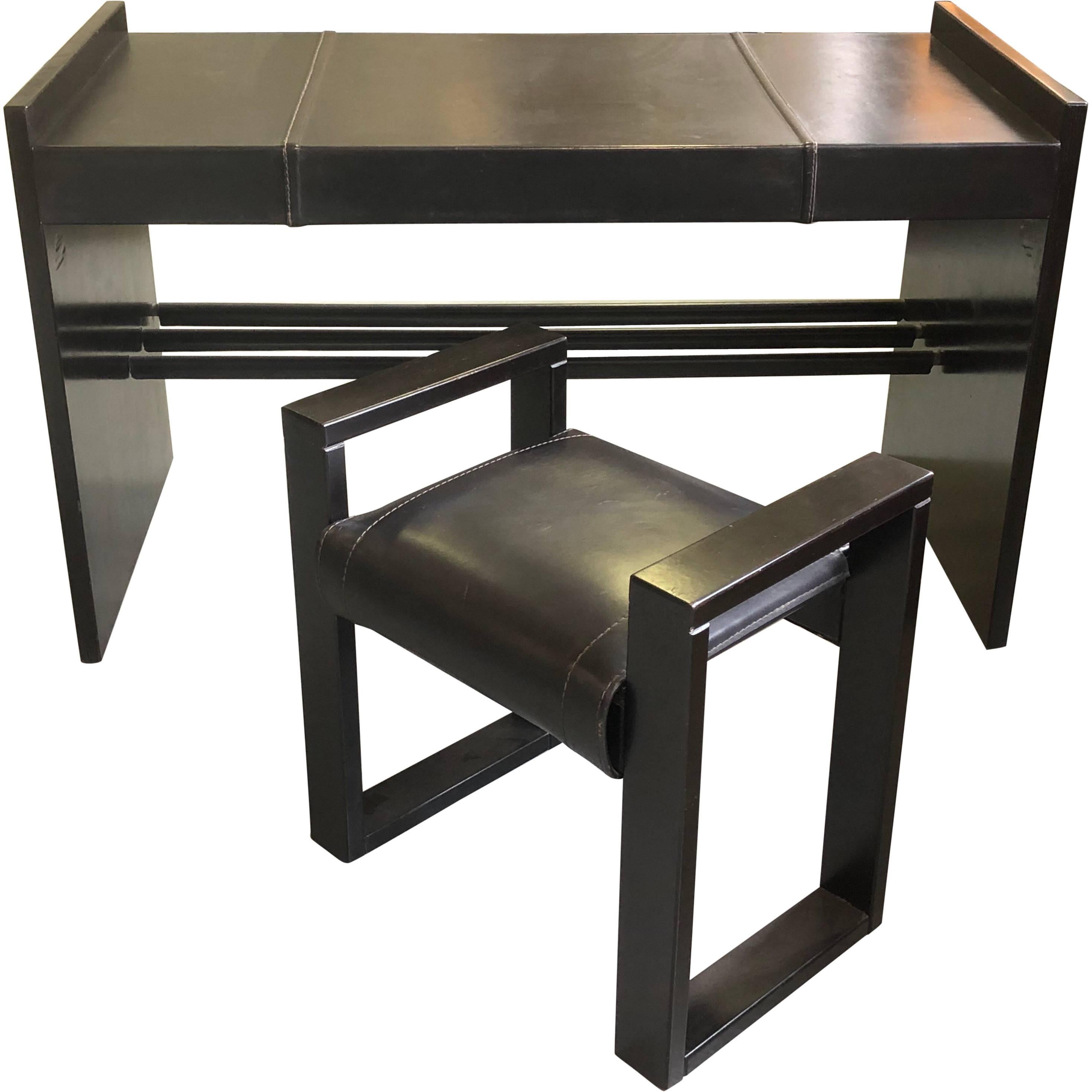 French Mid-Century Modern Stitched Black Leather Desk and Chair by Jacques Adnet