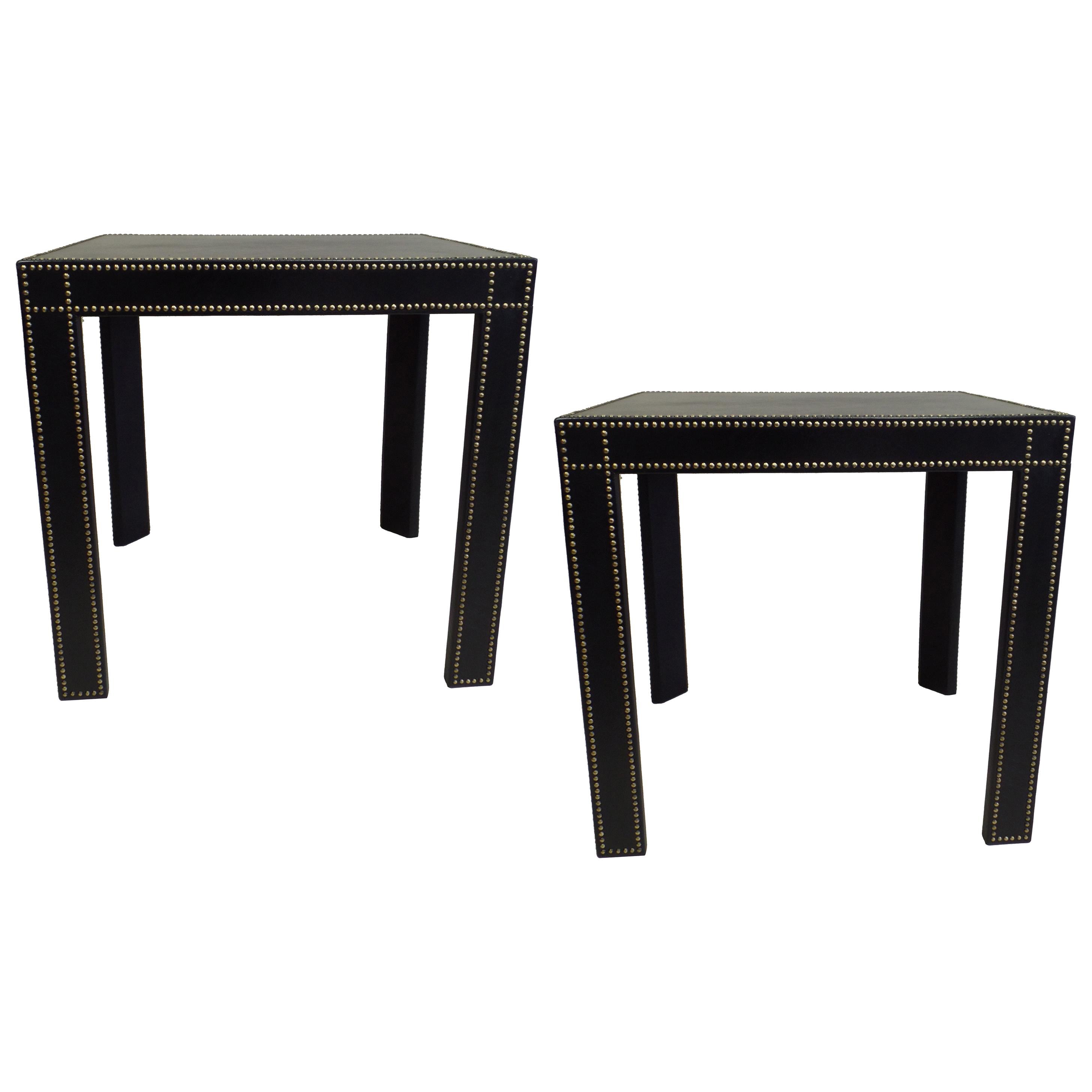 Pair, French Mid-Century Modern Studded Black Leather End Tables, Pierre Lottier For Sale