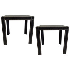 French Mid-Century Modern Studded Black Leather End Tables Pierre Lottier, Pair