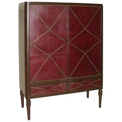 French Mid-Century Modern Studded Leather Cabinet, Style of Jacques Adnet, 1930