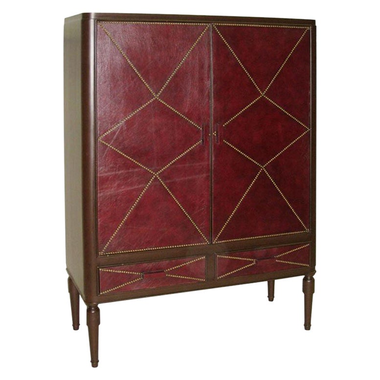 French Mid-Century Modern Studded Leather Cabinet, Style of Jacques Adnet, 1930
