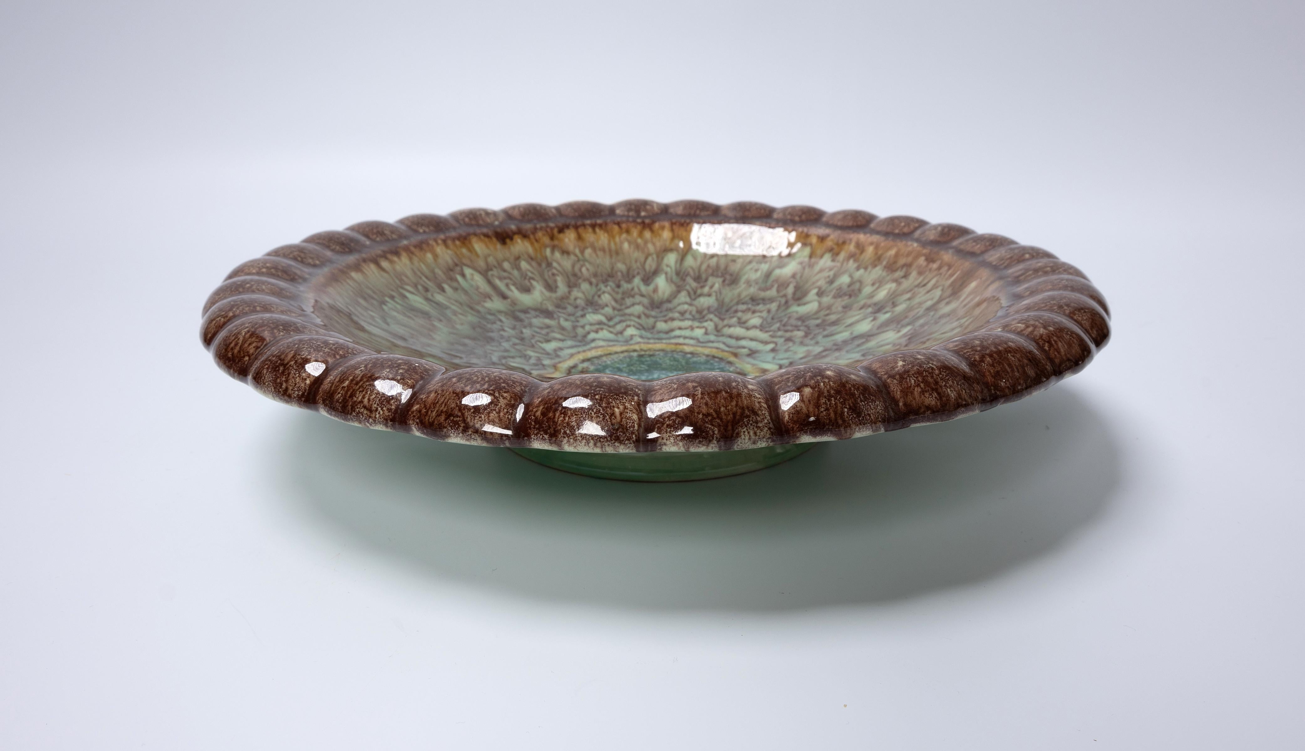 Mid-Century Modern French Mid Century Modern Studio Pottery Footed Bowl Charger  For Sale