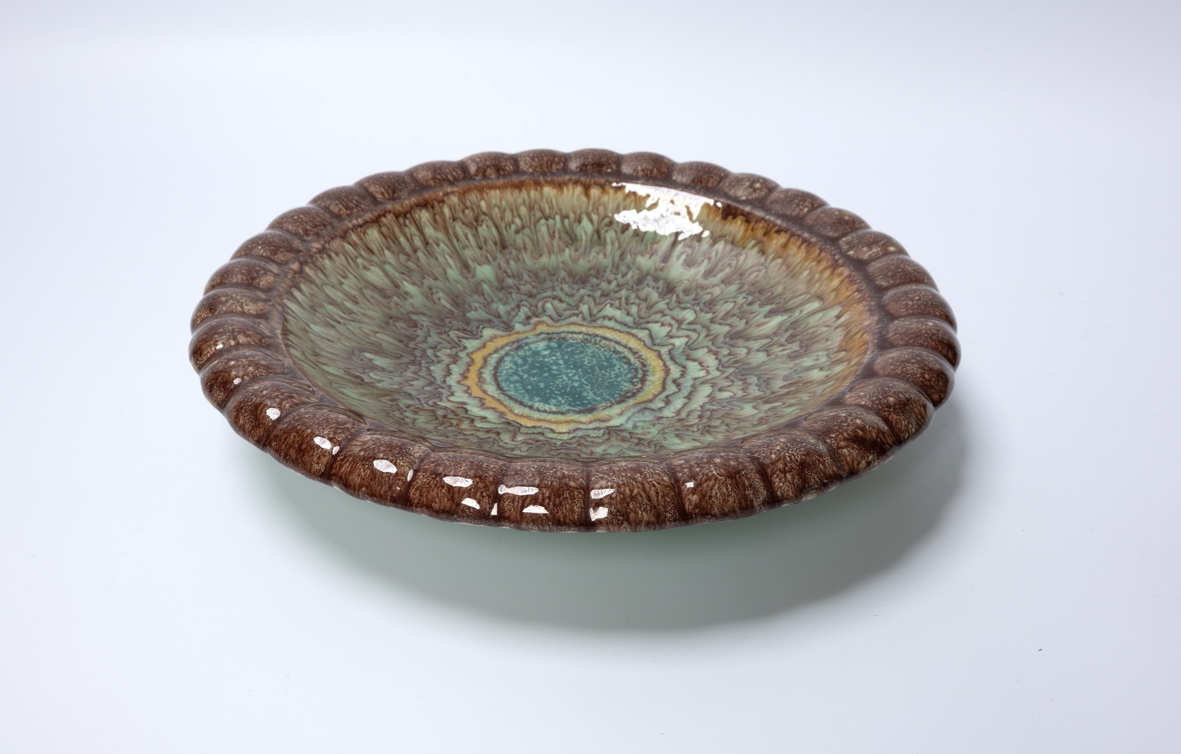 Glazed French Mid Century Modern Studio Pottery Footed Bowl Charger  For Sale