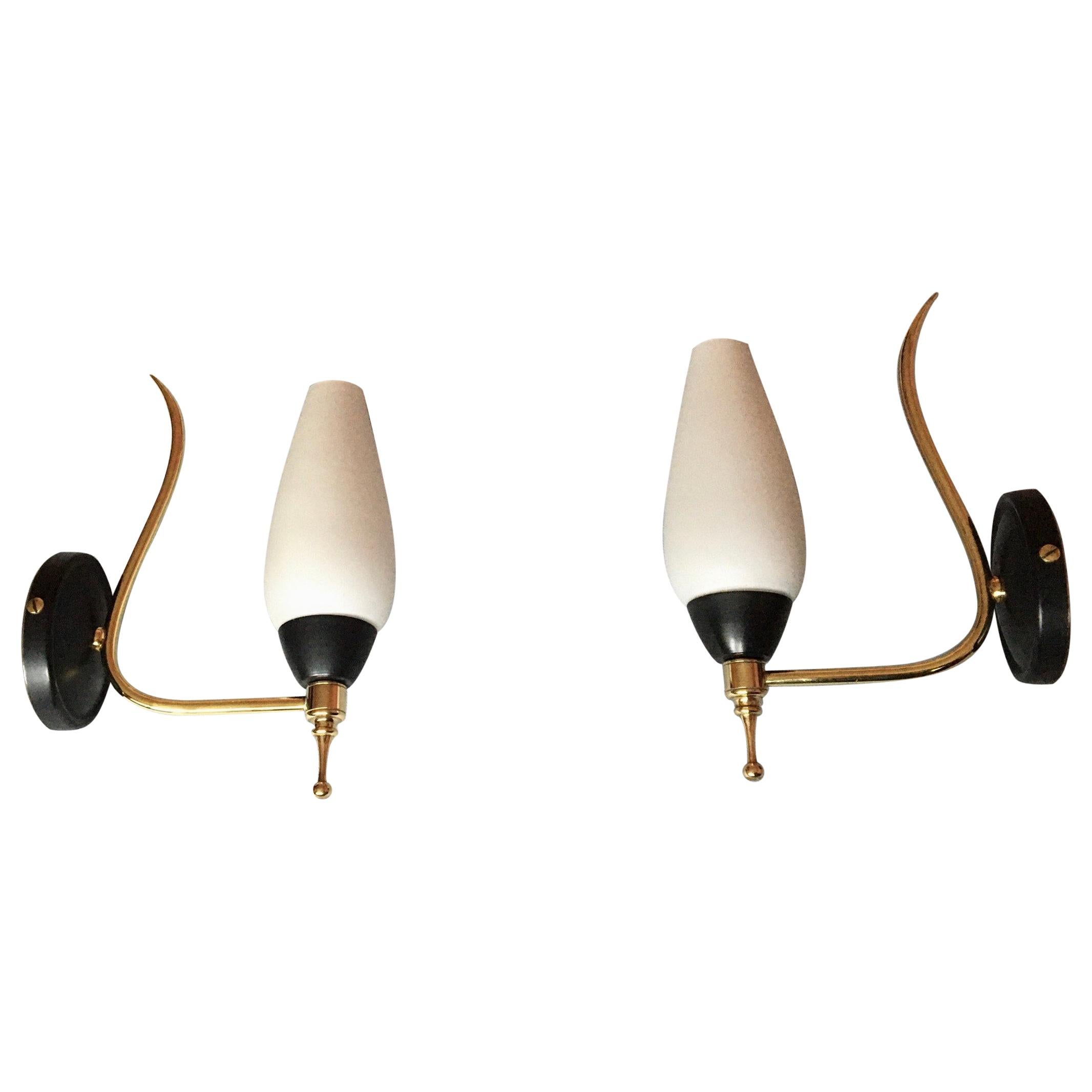 French Mid-Century Modern Style Black Gilt Brass Sconces, 1950 For Sale