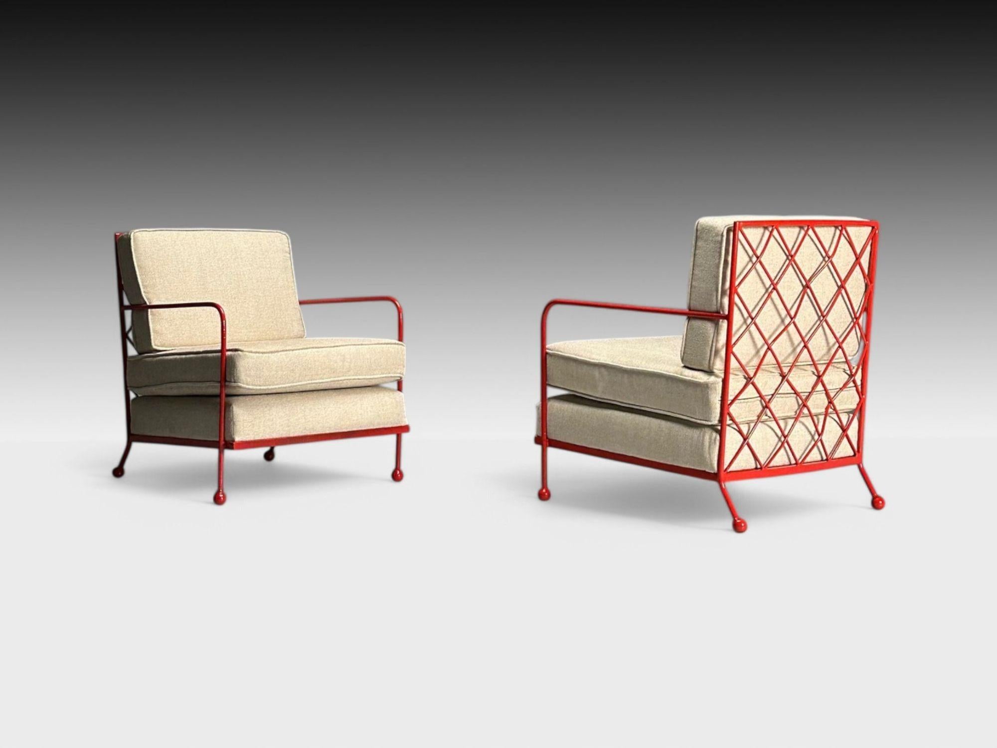 French Mid-Century Modern Style, Croisillon Lounge Chairs, Red Painted Metal, Linen

Pair of contemporary armchairs inspired by the work of various French designers from the mid-century time period. Each example features a red painted metal frame