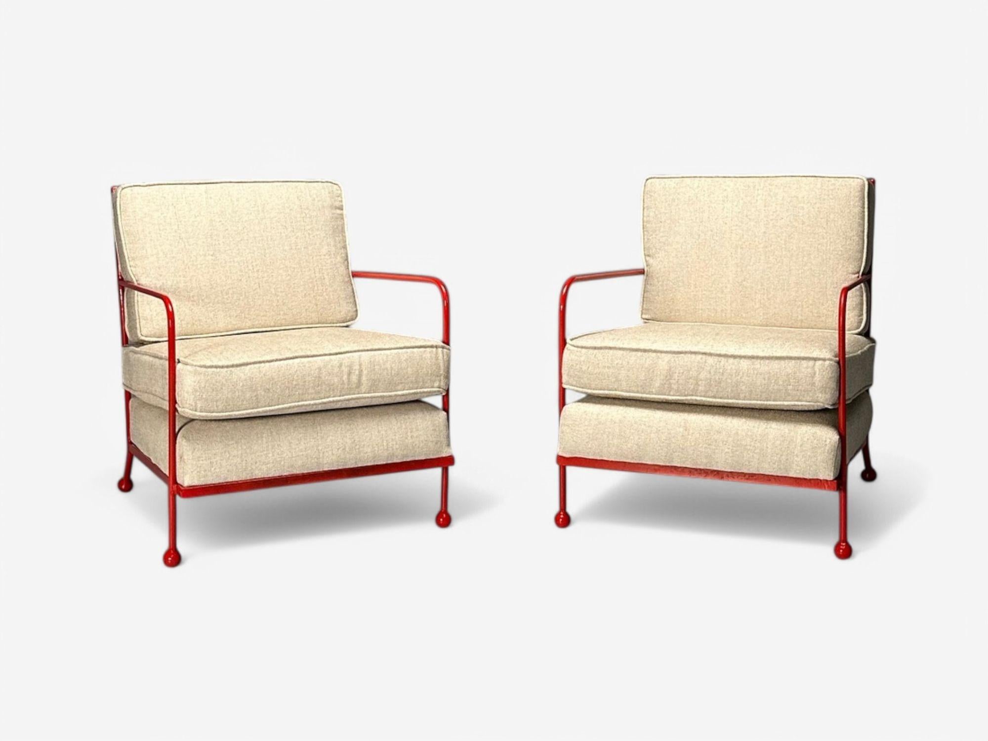 French Mid-Century Modern Style, Croisillon Lounge Chairs, Painted Metal, Linen In Good Condition In Manhasset, NY