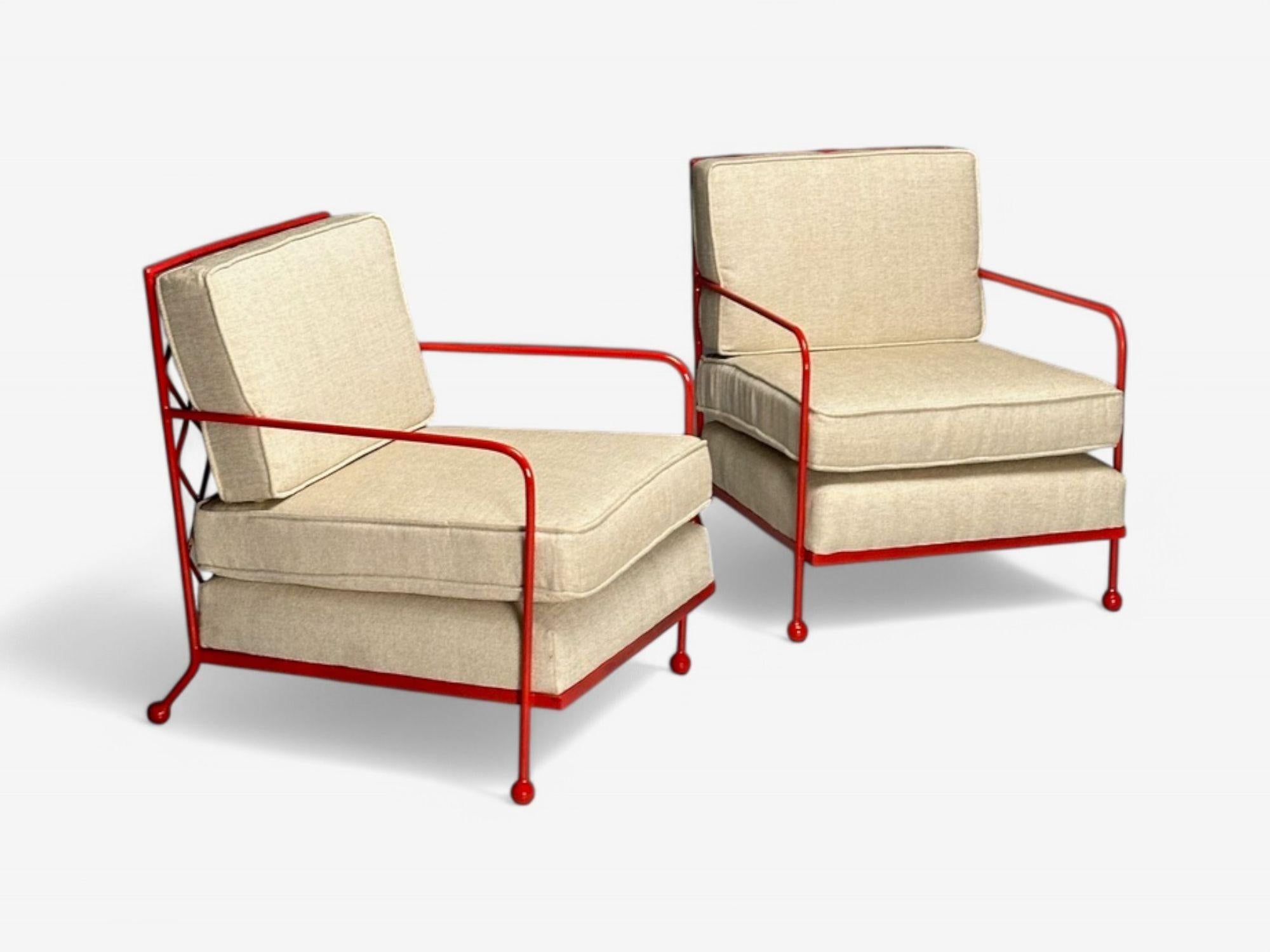 Contemporary French Mid-Century Modern Style, Croisillon Lounge Chairs, Painted Metal, Linen