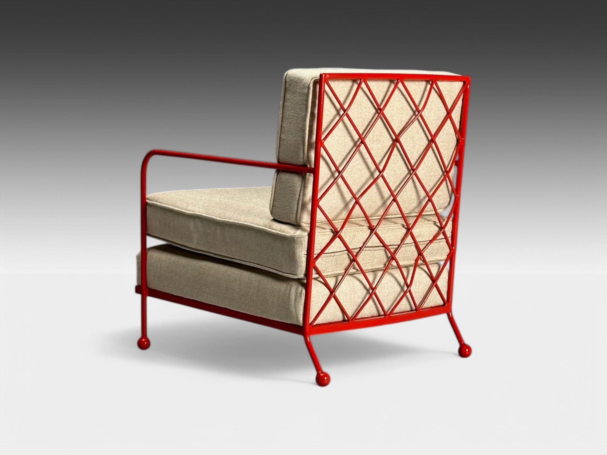 French Mid-Century Modern Style, Croisillon Lounge Chairs, Painted Metal, Linen 1