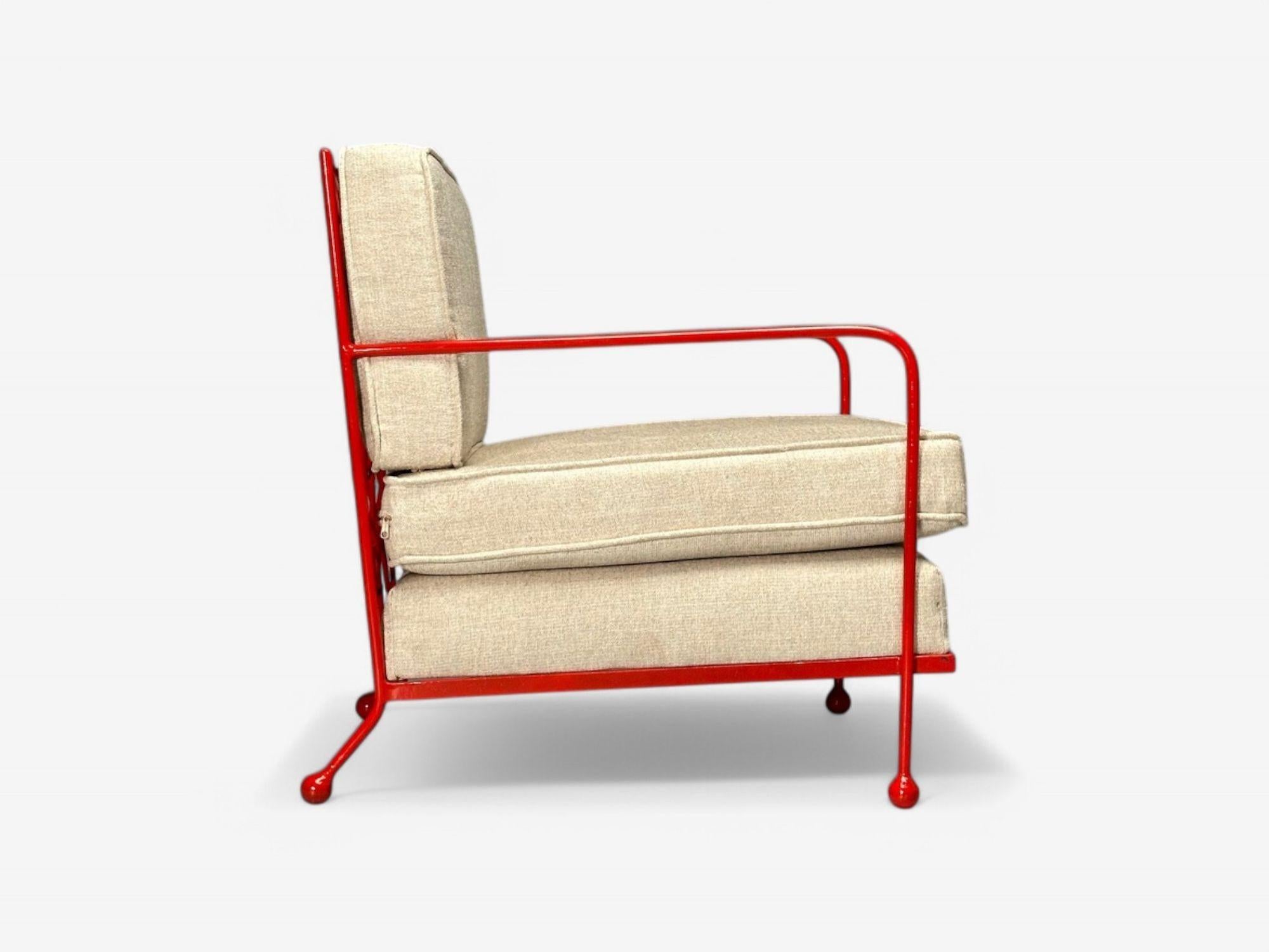 French Mid-Century Modern Style, Croisillon Lounge Chairs, Painted Metal, Linen 3