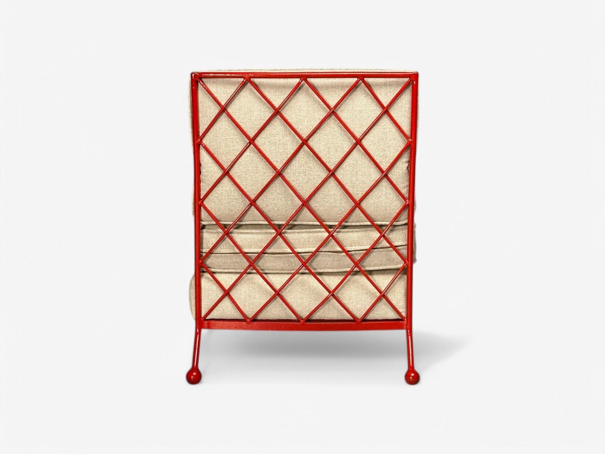French Mid-Century Modern Style, Croisillon Lounge Chairs, Painted Metal, Linen 4