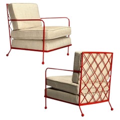 French Mid-Century Modern Style, Croisillon Lounge Chairs, Painted Metal, Linen