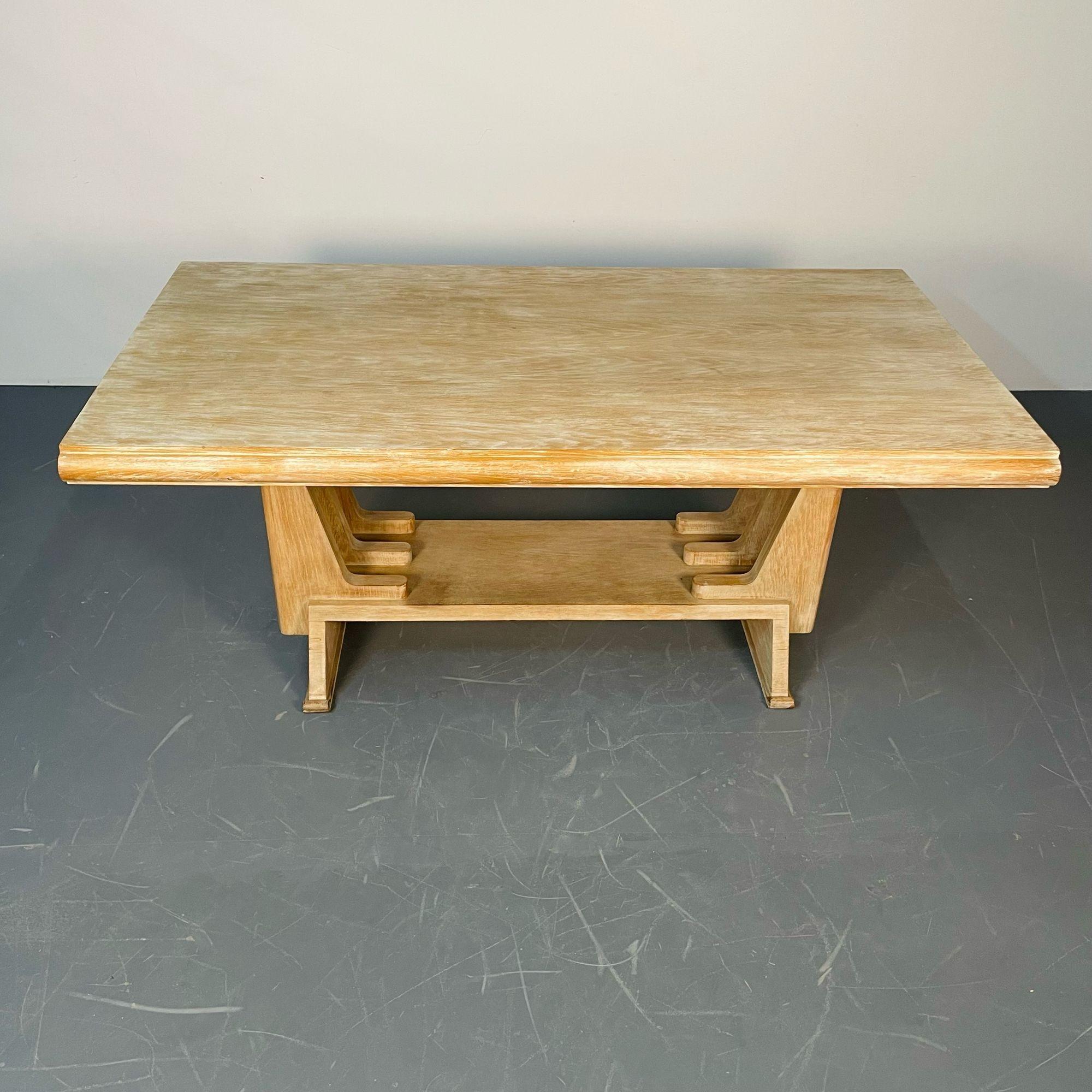 French Mid-Century Modern Style Dining / Kitchen Table, Farmhouse, Trestle Base
 
A finely constructed trestle or farm table in a recently refinished design. Strong and Sturdy. 

29.25 by 68.5 by 37.25 Wide
 
Ceruse Oak Finish