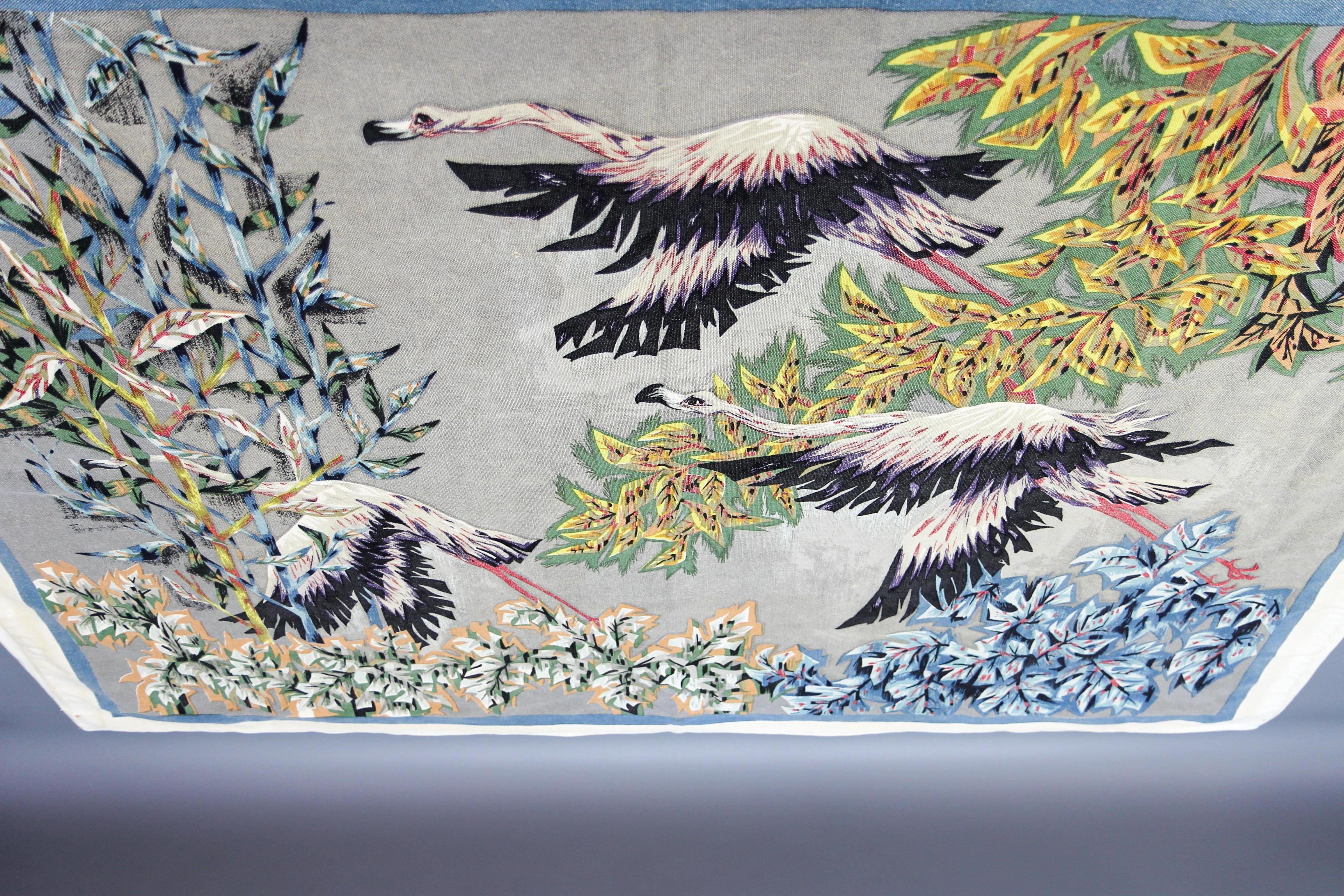 French Mid-Century Modern Tapestry The Flight of Flamingos Signed R. Debiève 6