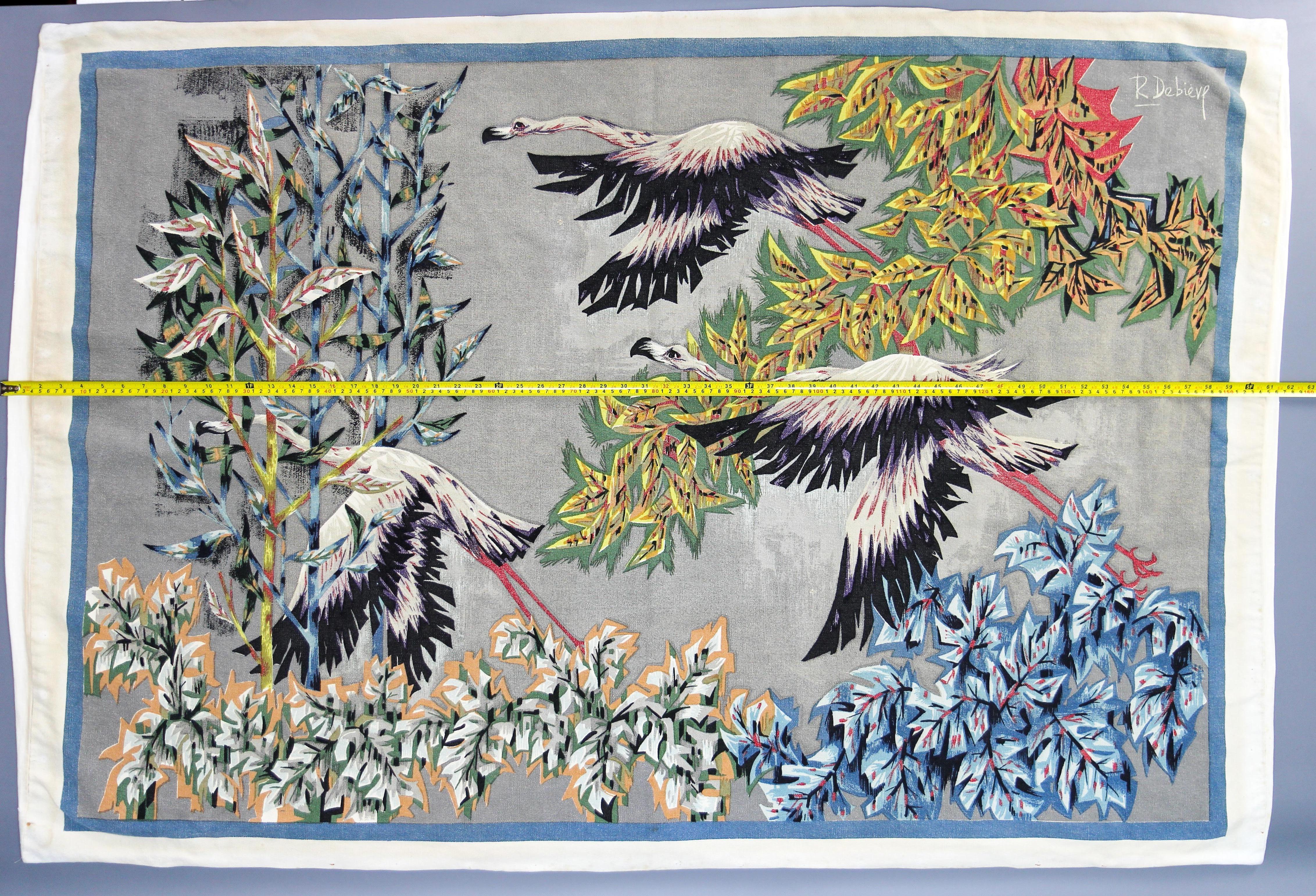 French Mid-Century Modern Tapestry The Flight of Flamingos Signed R. Debiève 9