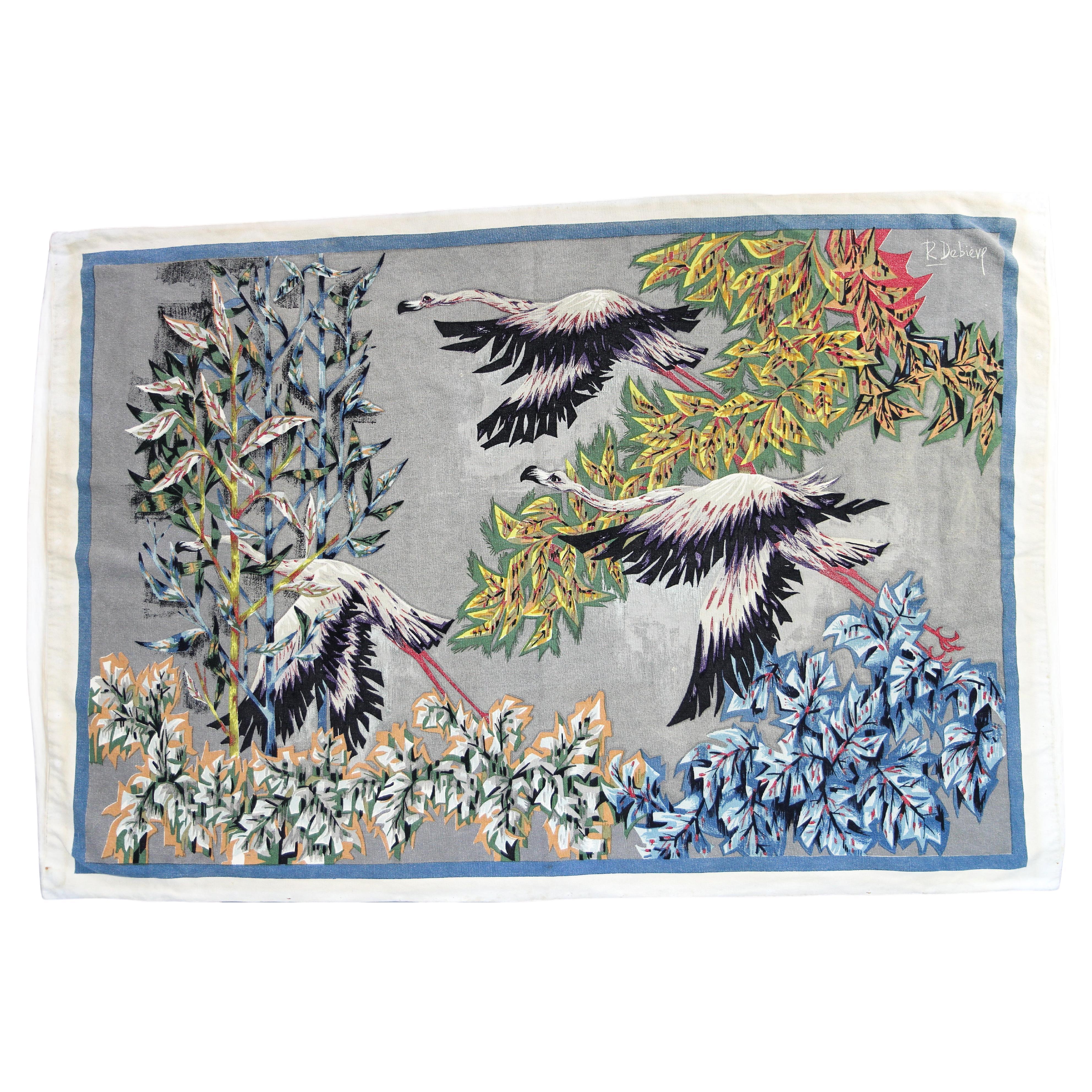 French Mid-Century Modern Tapestry The Flight of Flamingos Signed R. Debiève