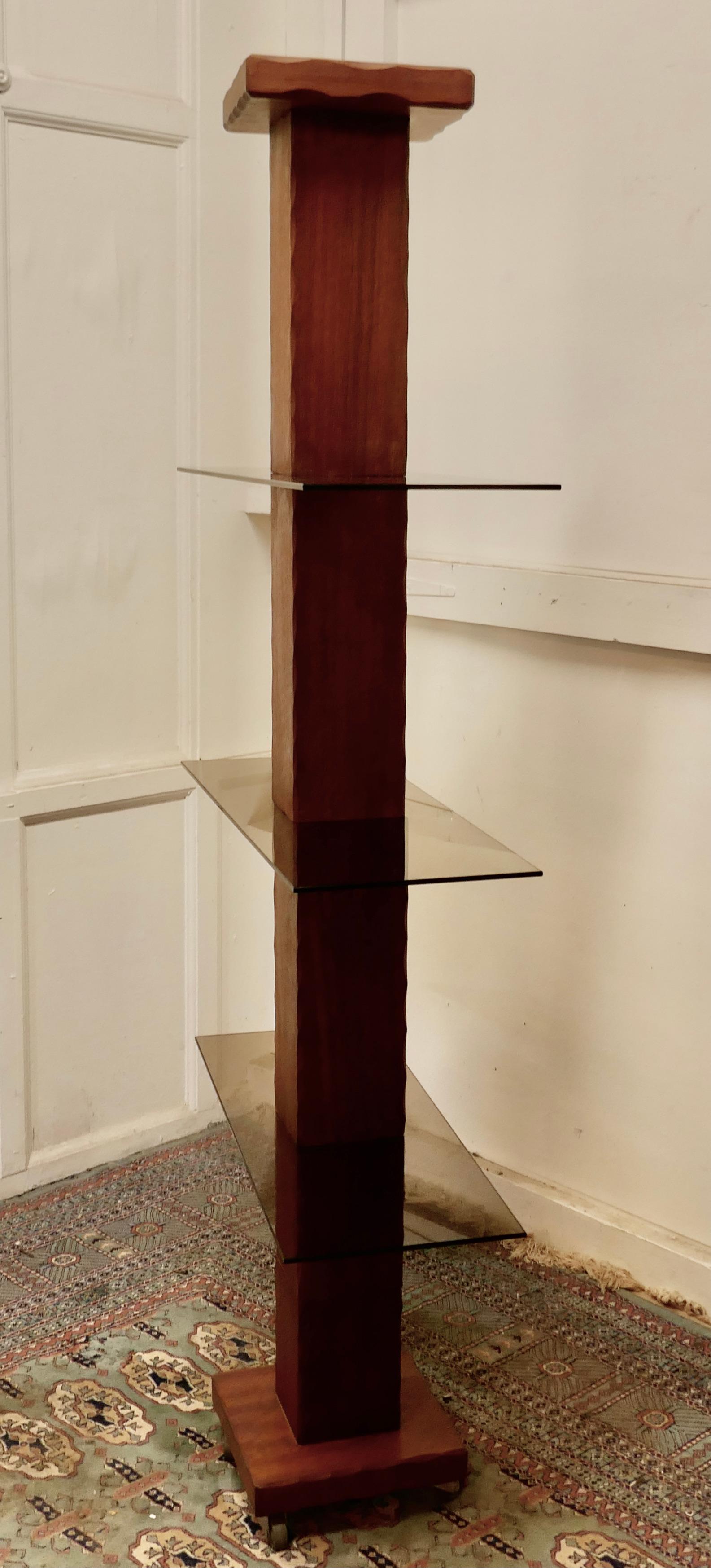 French Mid Century Modern Teak and Smoked Glass Etagère, Display Shelf For Sale 1
