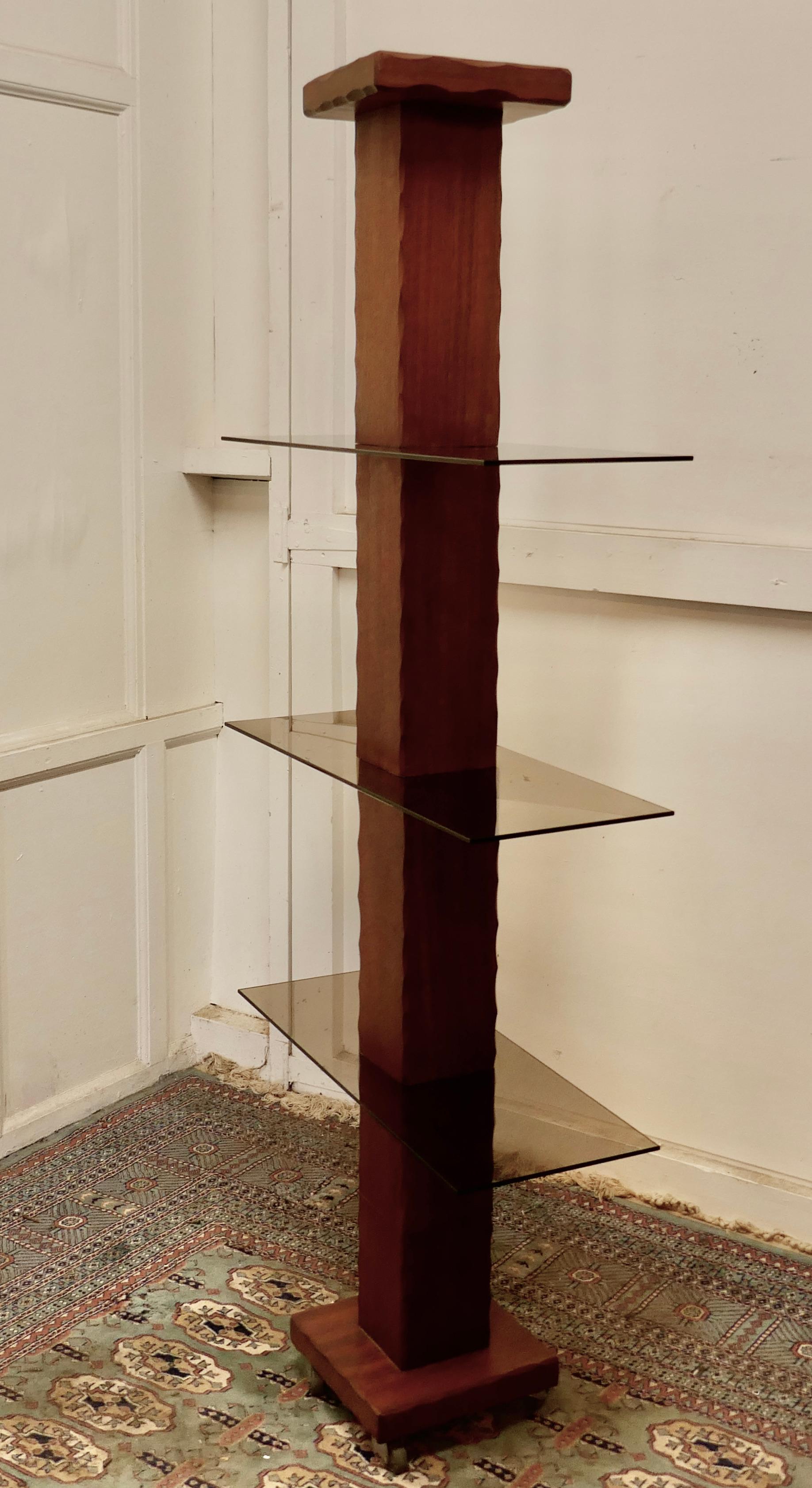 French Mid Century Modern Teak and Smoked Glass Etagère, Display Shelf For Sale 3