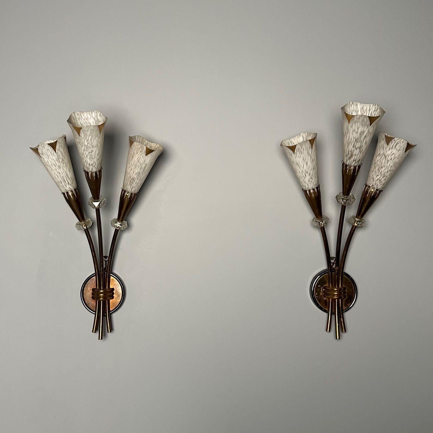 French Mid-Century Modern, Three Arm Sconces, Brass, Crystal, France, 1950s In Good Condition For Sale In Stamford, CT